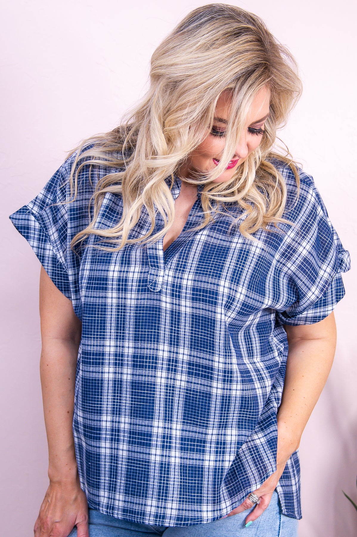Storybook Style Navy/White Plaid High-Low Top - T9461NV