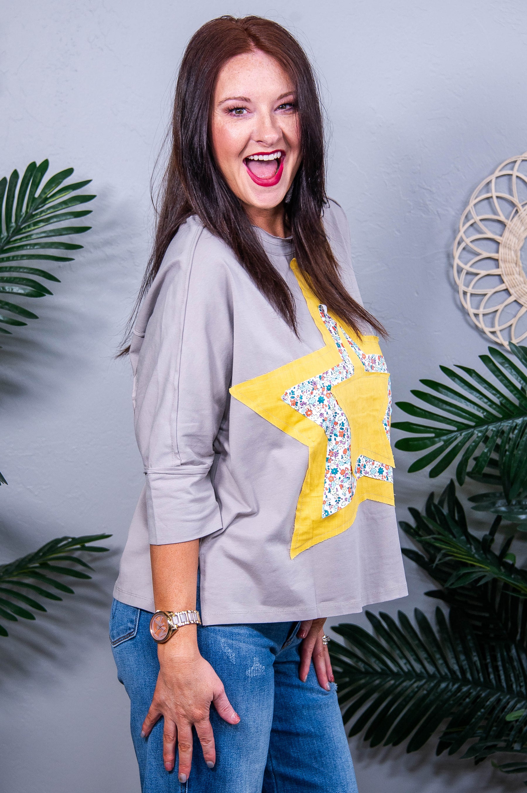 Waiting On A Shooting Star Medium Grey Floral/Star Top - T11161GR