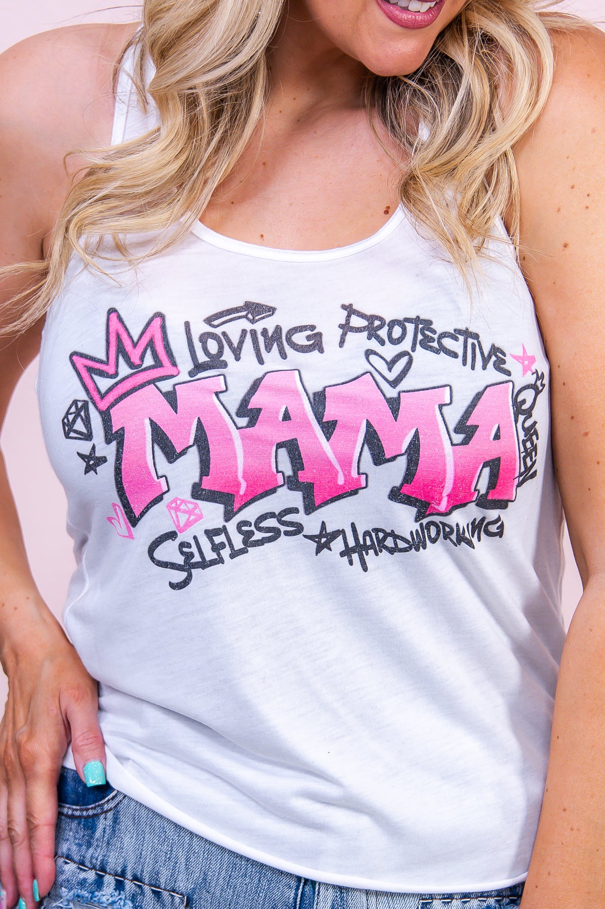 Mama Heather White Graphic Tank - A3320HWH