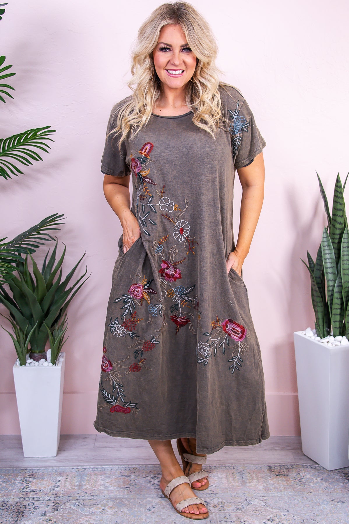 Simple For Summer  Charcoal/Multi Color Floral Embroidered Dress - D5284CH