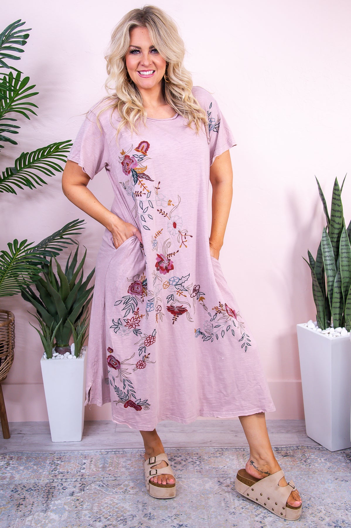 Simple For Summer Mauve/Multi Color Floral Embroidered Dress - D5285MV