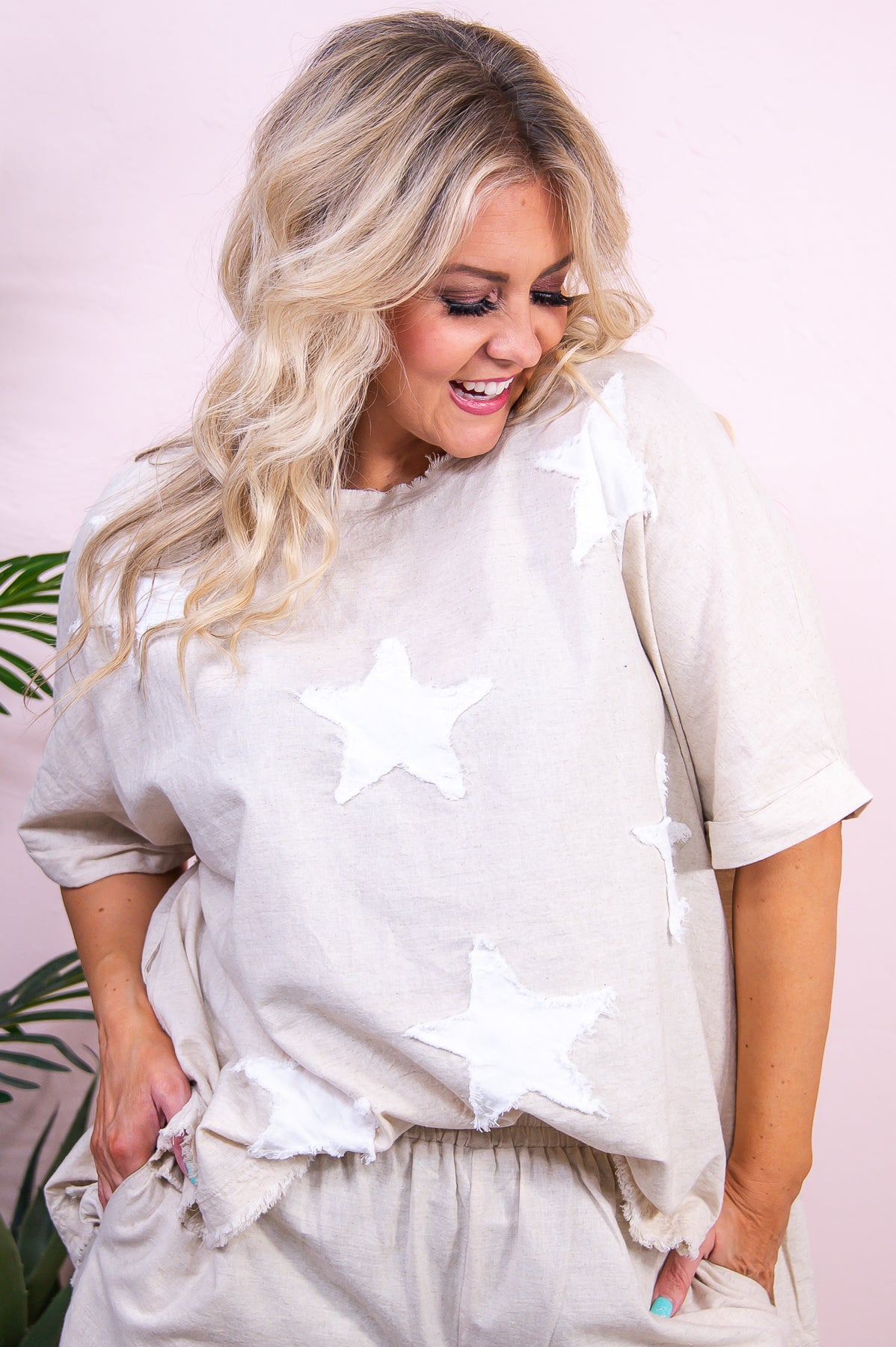 Take Me To The Stars Natural/Cream Star Patch Top/Pant (2-Piece Set) - T9498NA