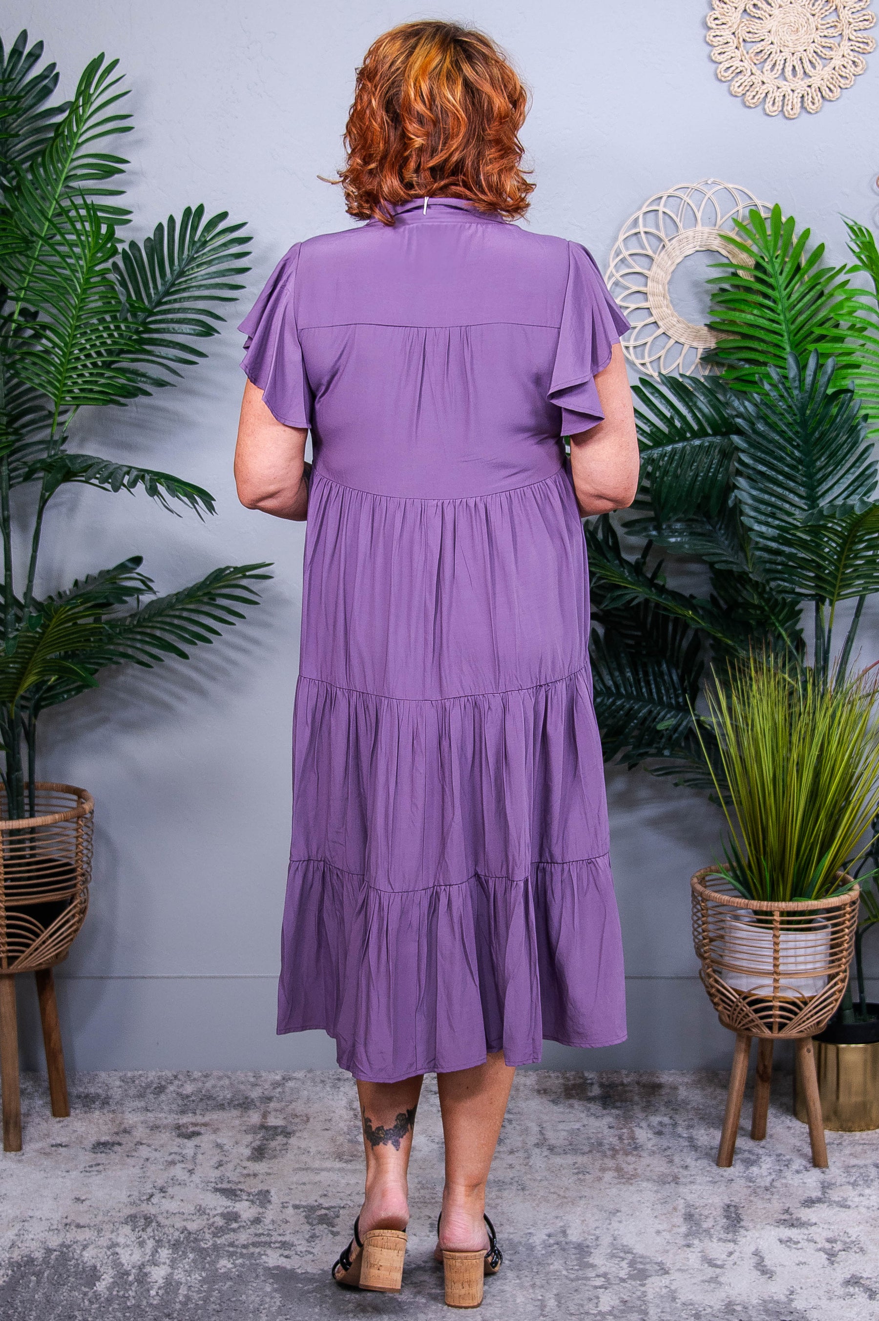 Playful Dress Mood Ruffle Sleeve Collared V Neck Tiered Midi Dress - D5706MV