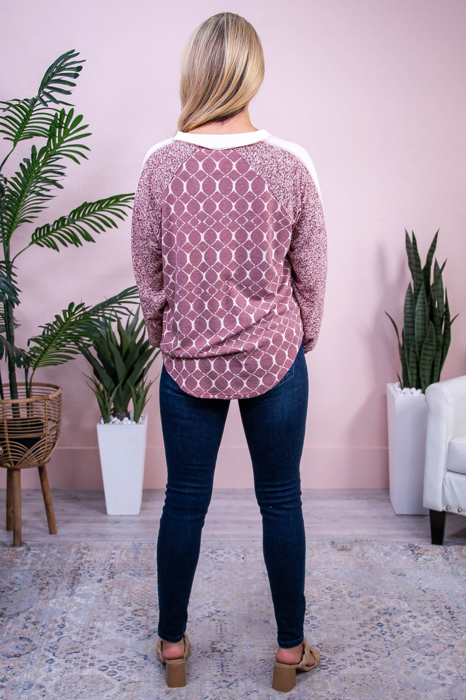You're Worth It Marsala/Cream Printed High-Low Top - T10379MS