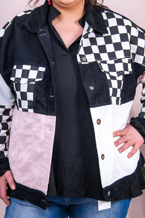 Check Her Style Out Pink/Black/White Checkered Corduroy/Denim Jacket - O5250PK