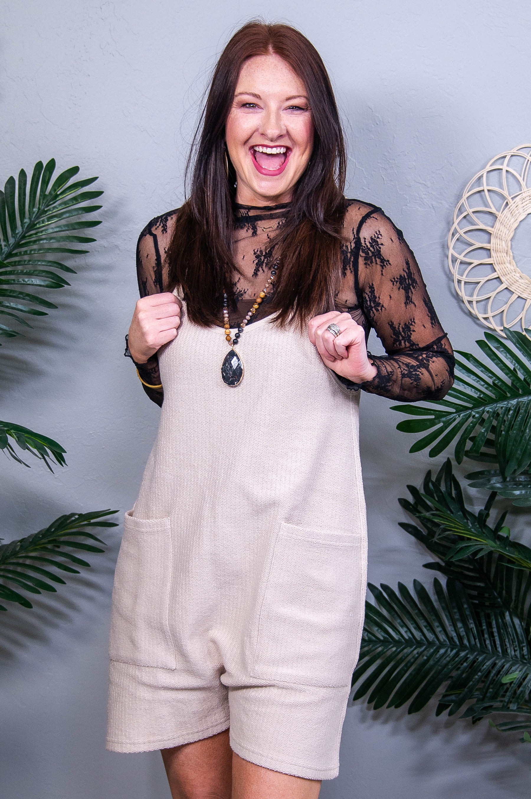 Romp And Roll Oatmeal Spaghetti Strap Romper with Pockets - RMP871OA