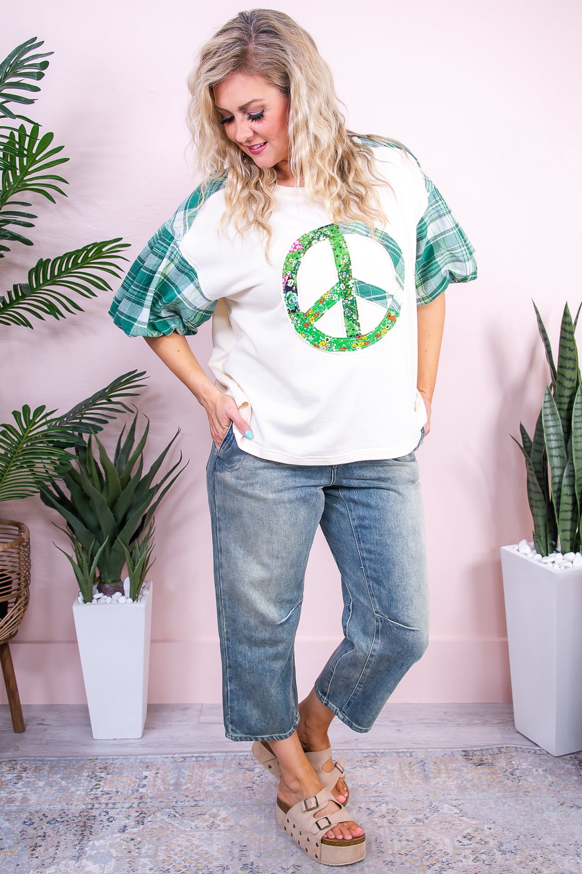 It's Cool To Be Kind Green/Multi Color Floral Peace Sign/Plaid Top - T9563GN