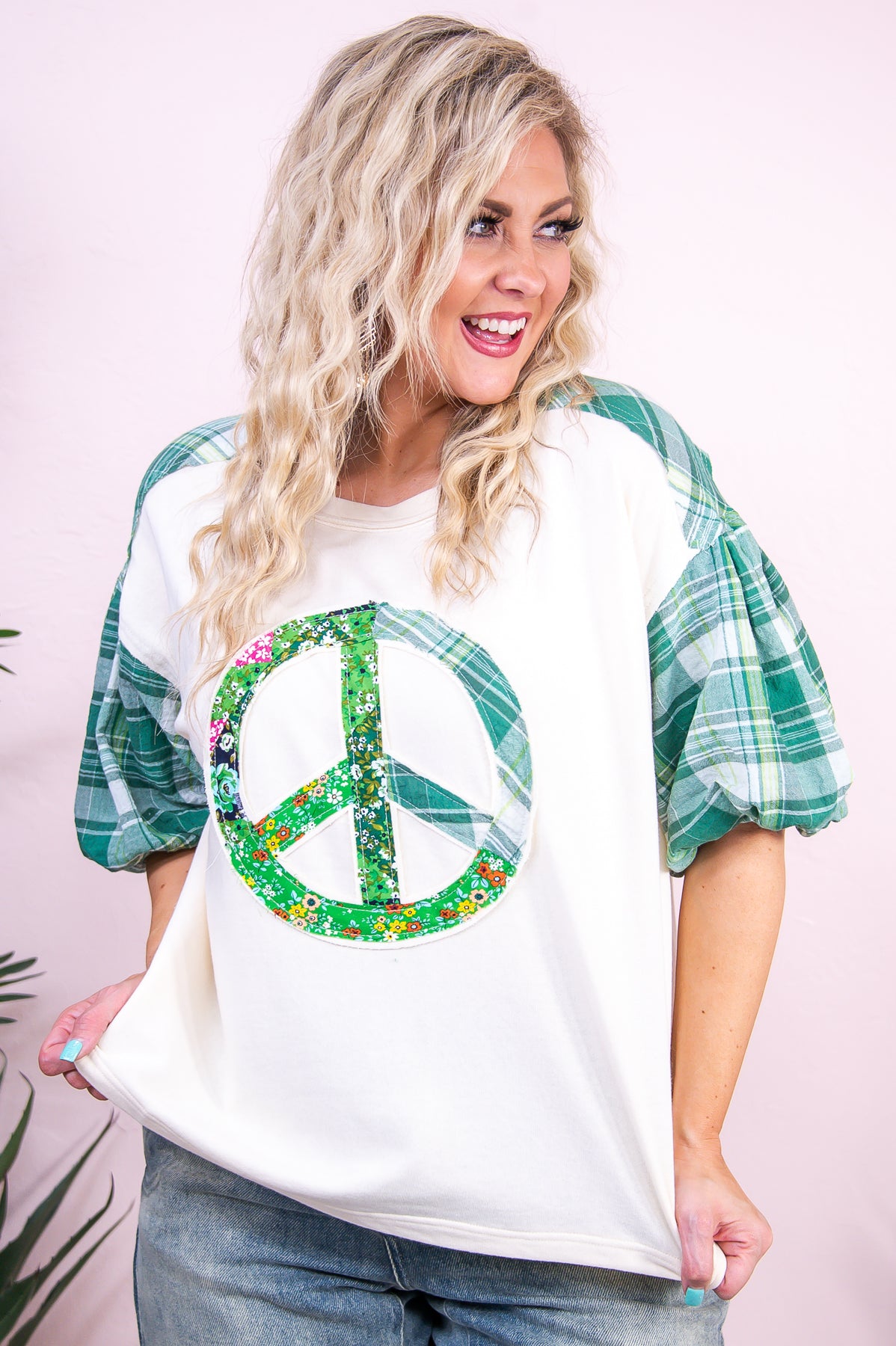 It's Cool To Be Kind Green/Multi Color Floral Peace Sign/Plaid Top - T9563GN