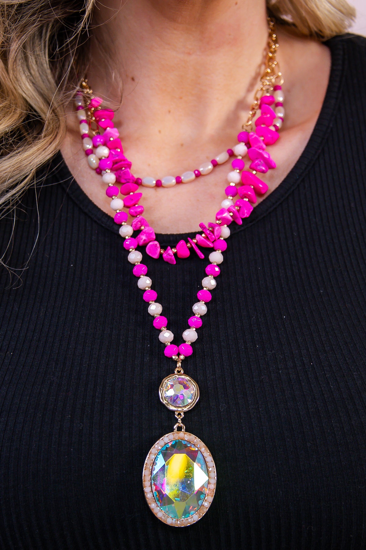 Fuchsia/Light Pink Stone/Bead Layered Pendant Necklace - NEK4337FU