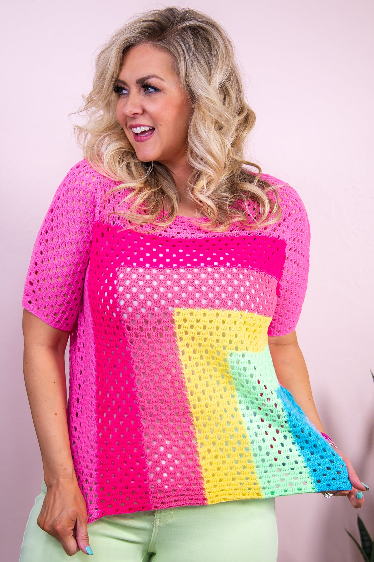 Radiating Sunlight Pink/Multi Color Mesh Knitted Top - T9594PK