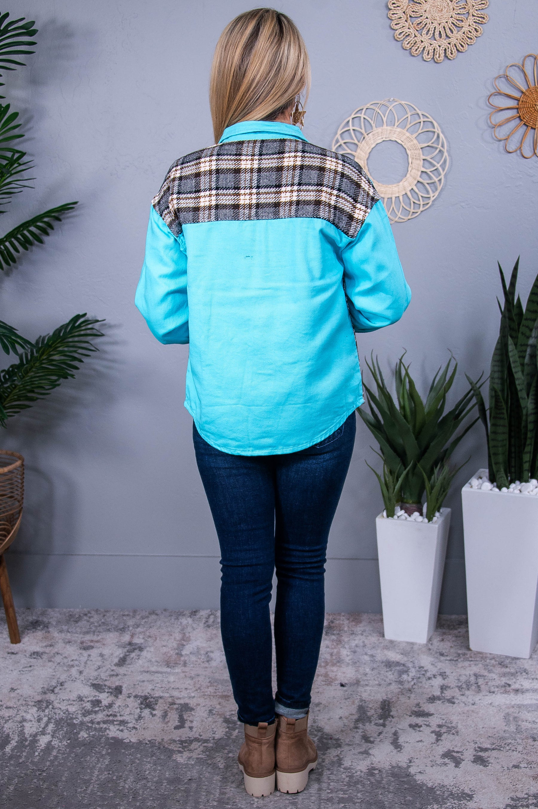 Brighten My Day Turquoise/Multi Color Plaid Jacket - O5566TU
