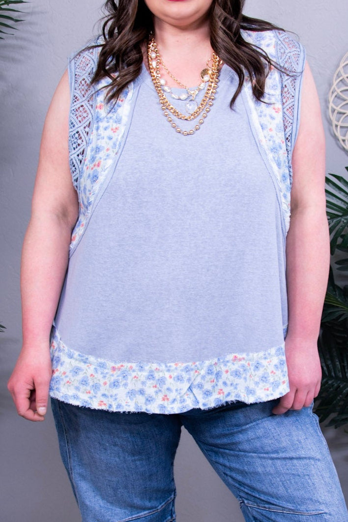 Chic In Lace Light Blue Floral Frayed Hem Top - T11267BL