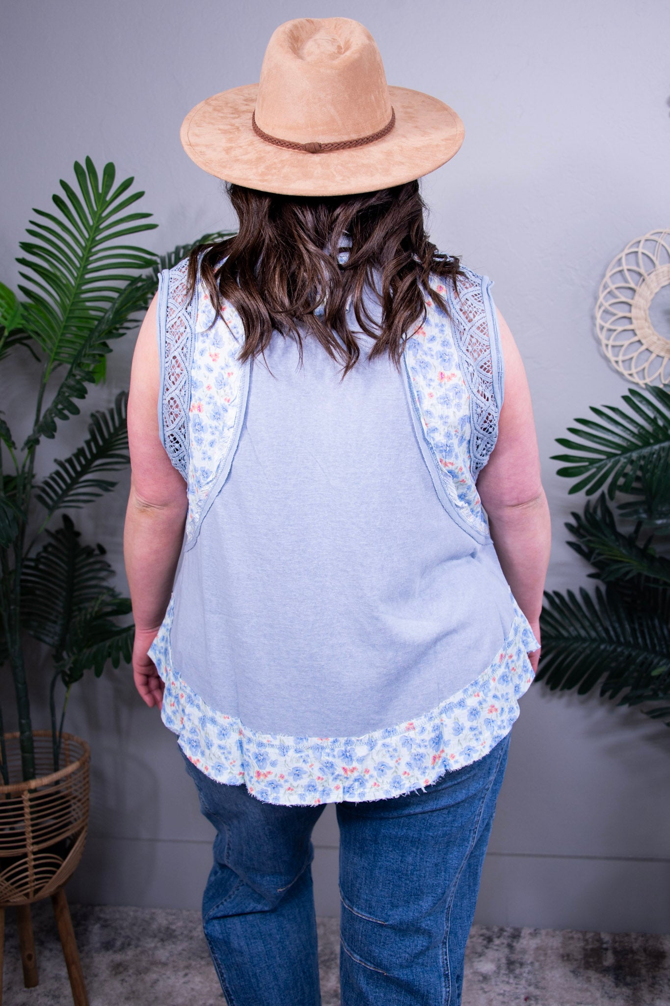 Chic In Lace Light Blue Floral Frayed Hem Top - T11267BL