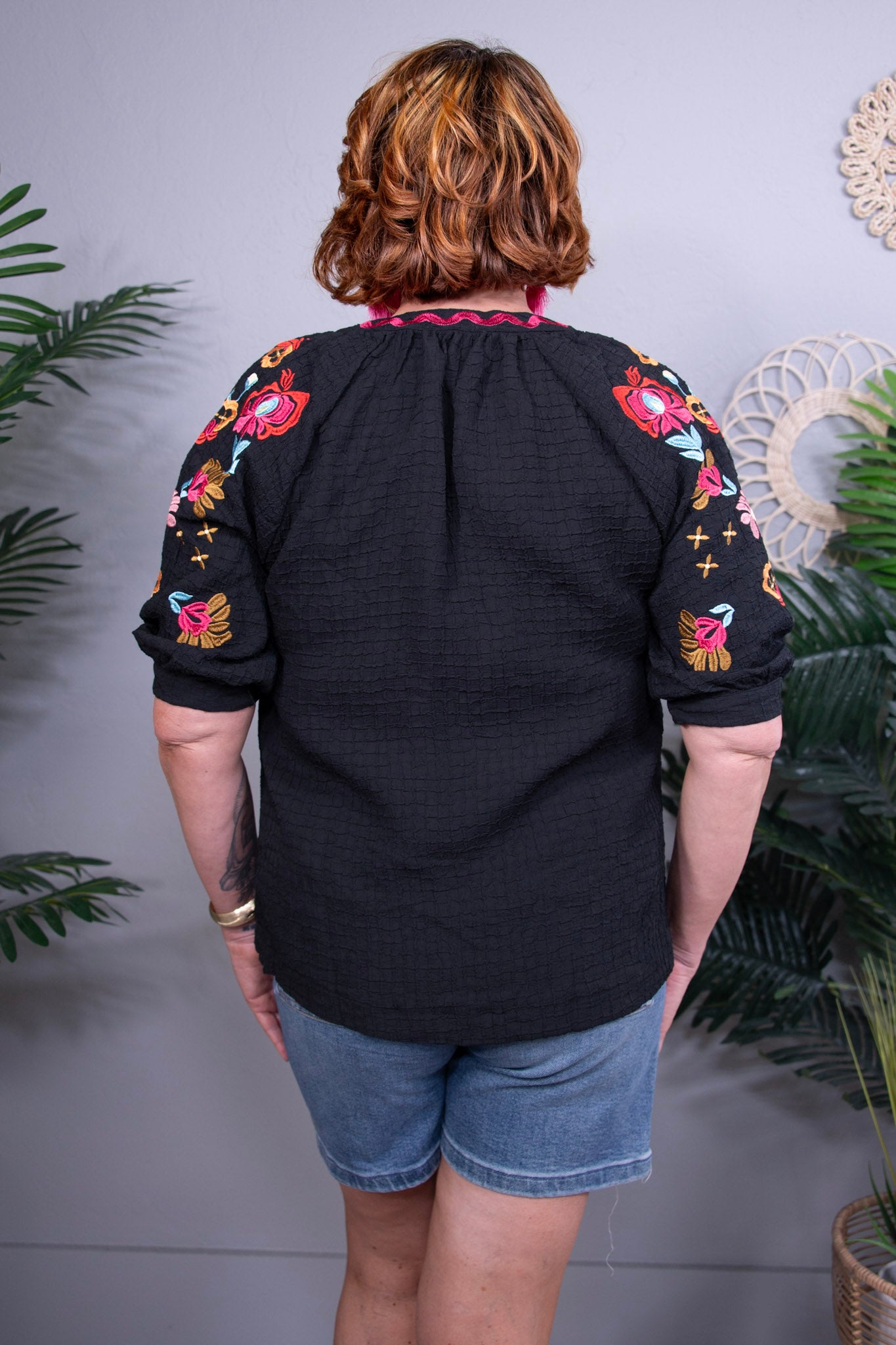 Fresh Bloom Energy Black Embroidered Puff Sleeve Top - T11294BK