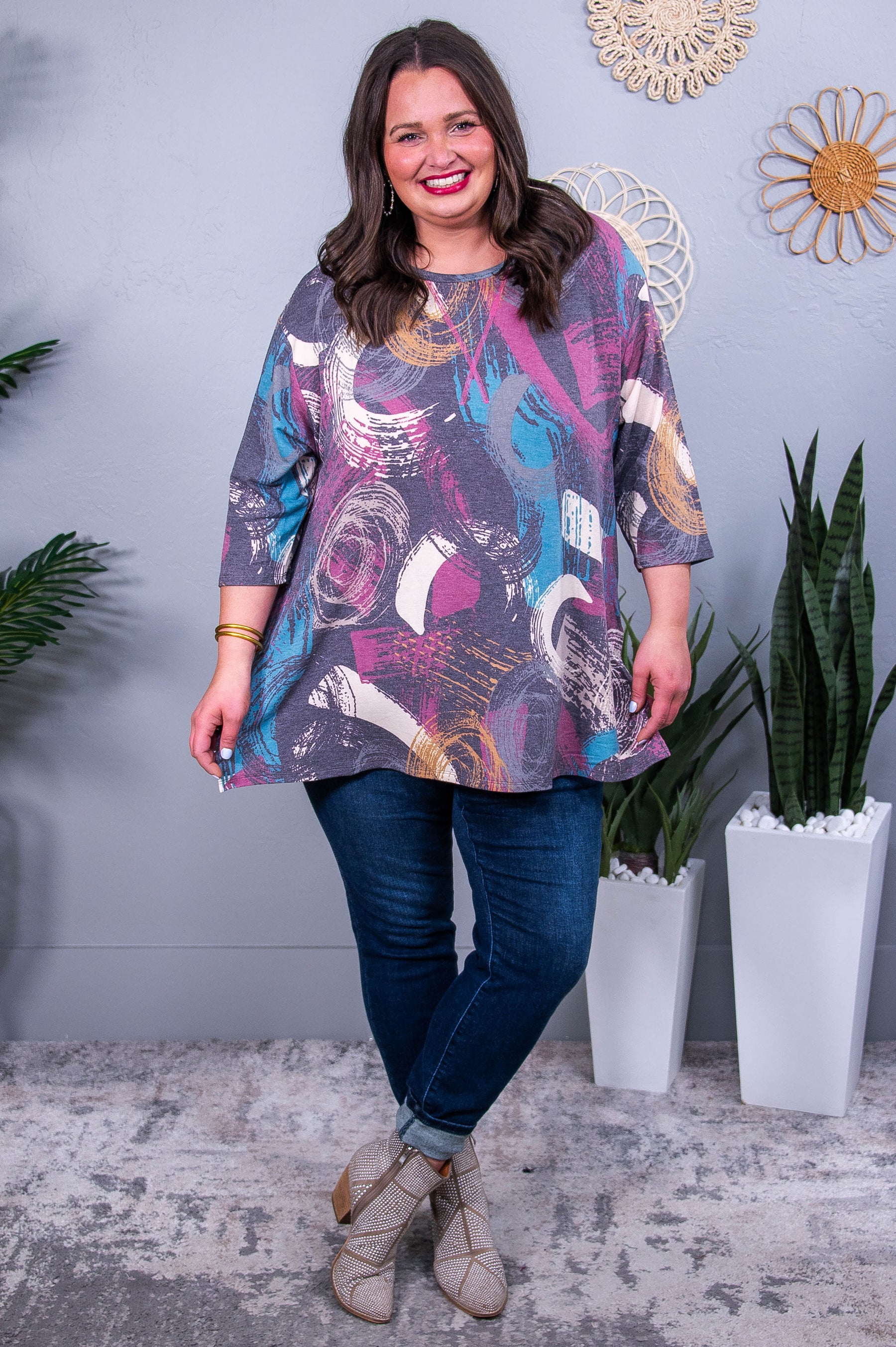 Let's Talk About It Charcoal/Multi Color Printed Top - T10457CH