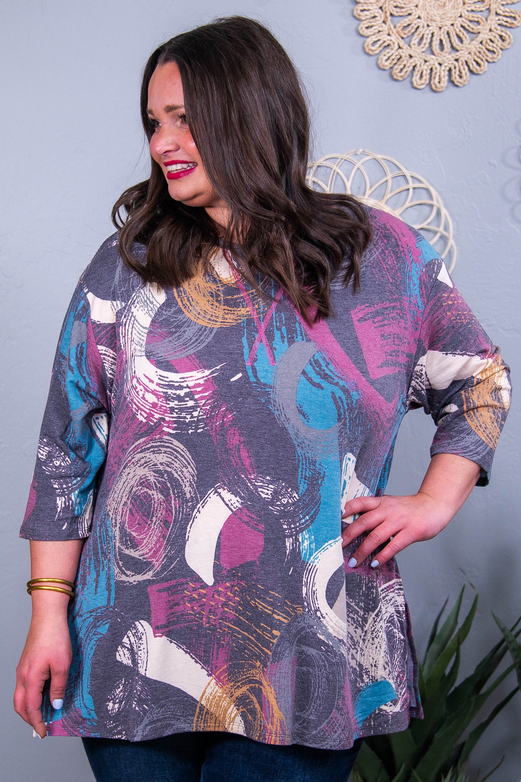 Let's Talk About It Charcoal/Multi Color Printed Top - T10457CH