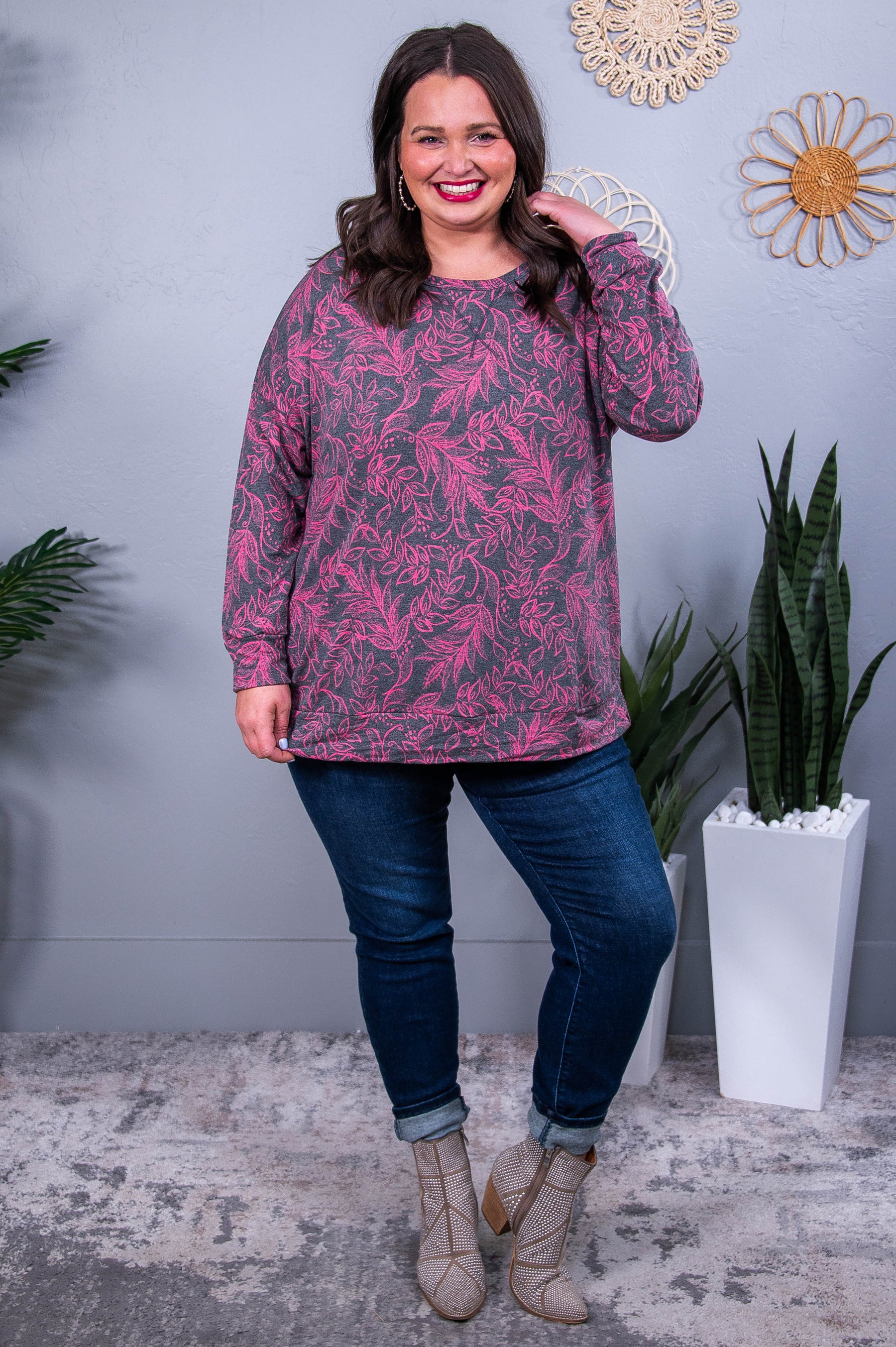 Small Town Talks Charcoal/Pink Floral Top - T10452CH