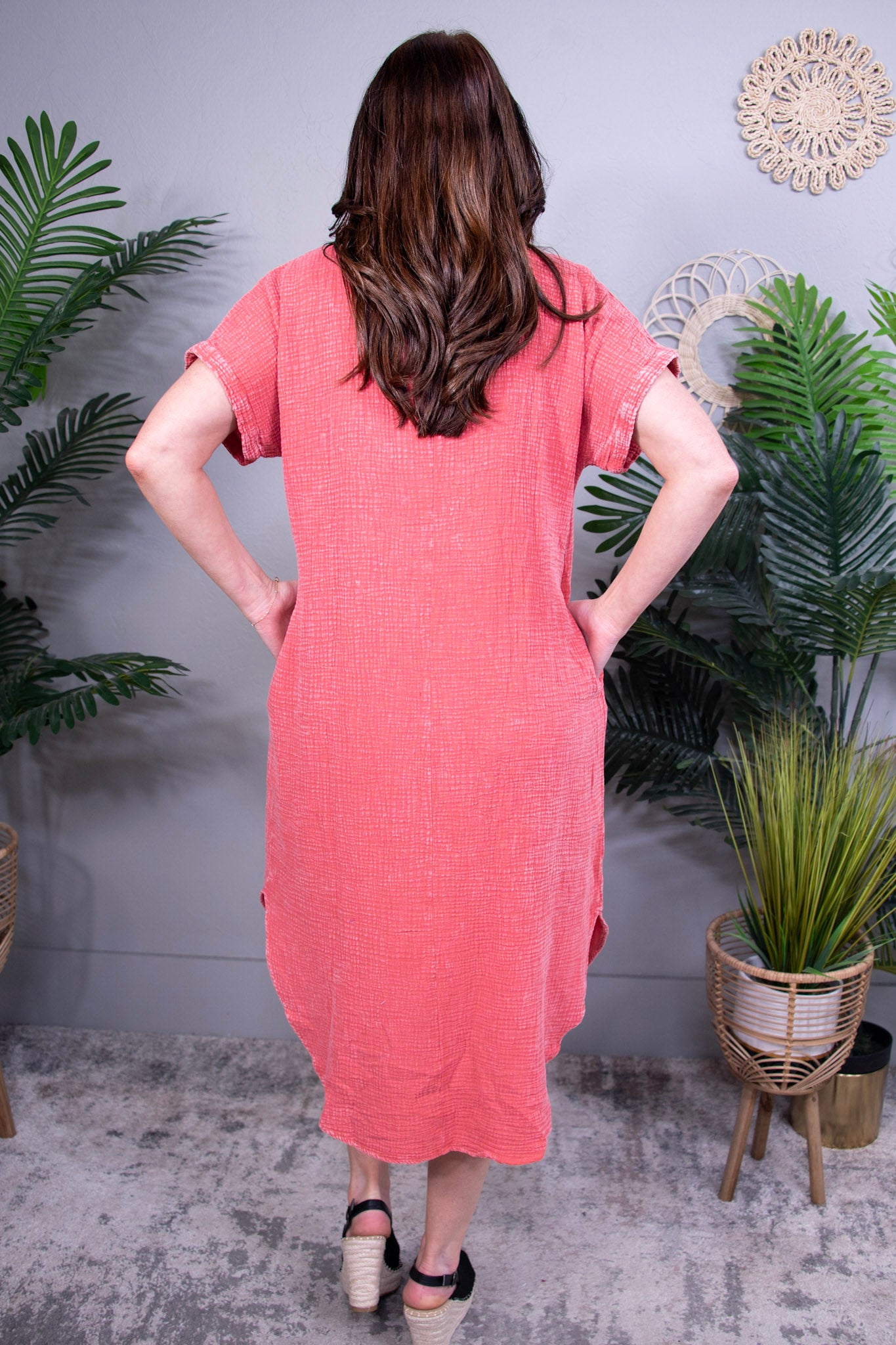 Dressed To Impress Burnt Coral Mineral Wash Shirt Dress - D5736CO