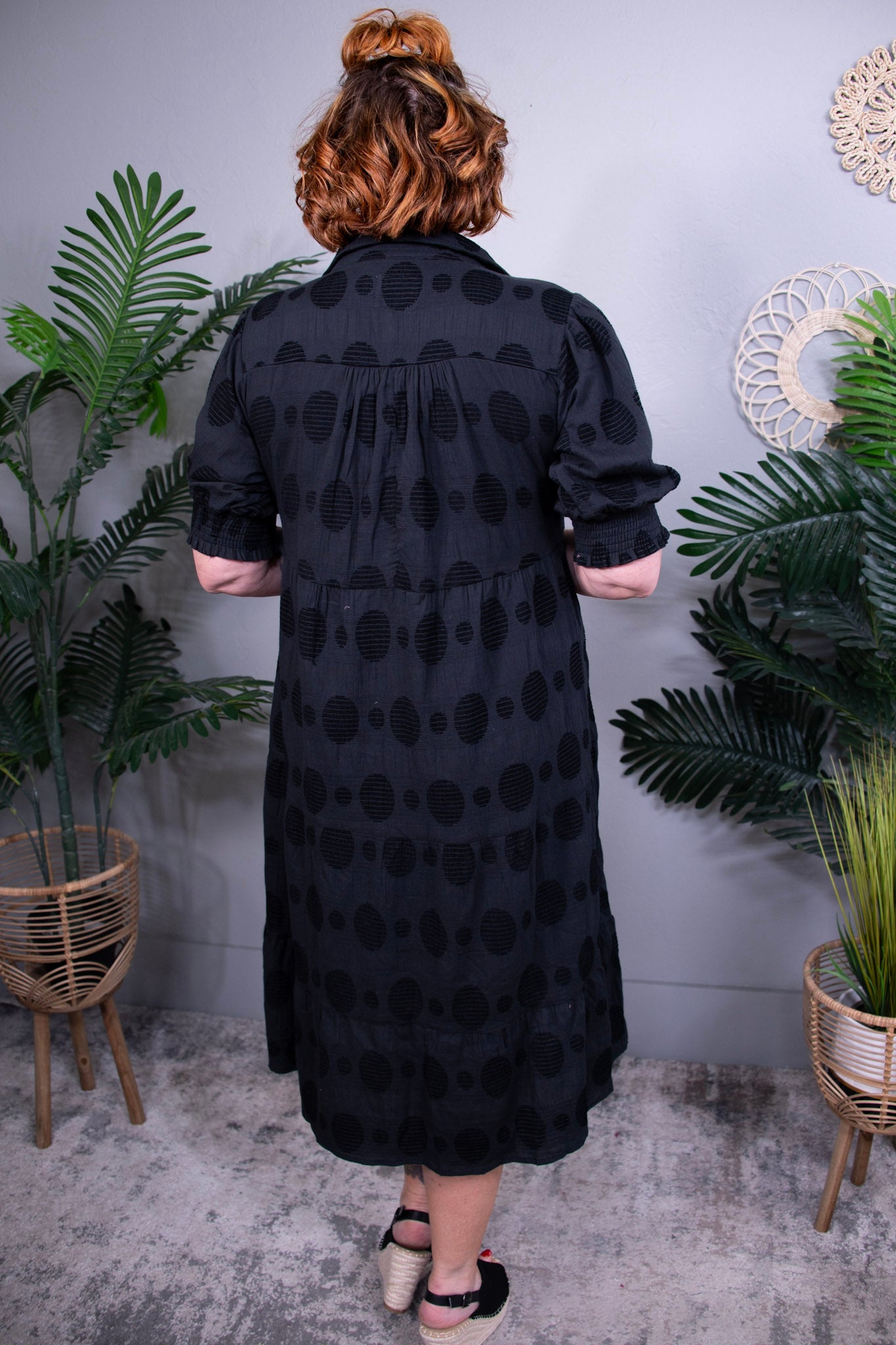 Classy on Repeat Black Swiss Dot Jacquard Tiered Midi Dress D5686BK