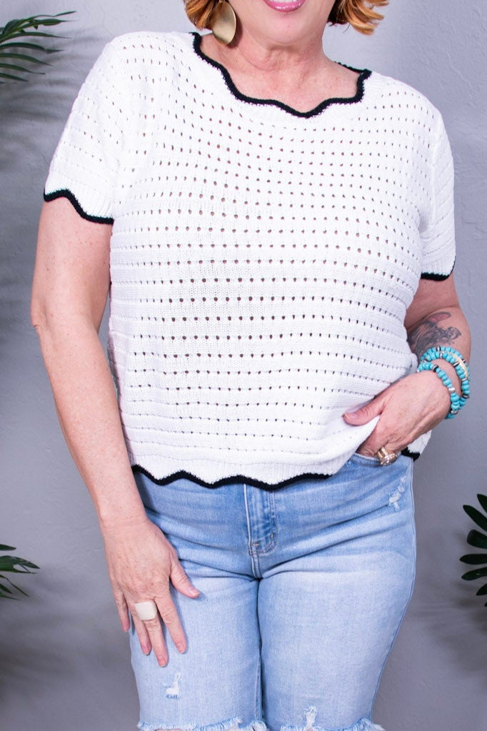 Pinkies Up Knit Top in White - T11305WH
