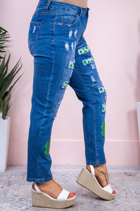 Clover Medium Denim/Green Clover Printed Distressed Jeans - K1096DN