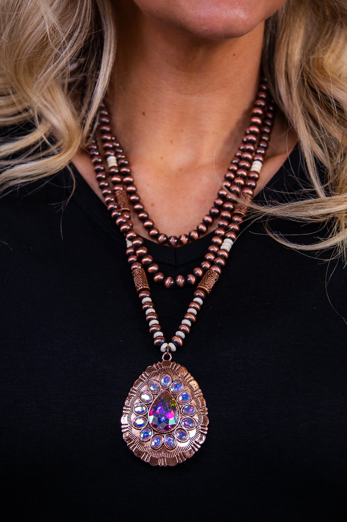 Copper Beaded Bling Layered Pendant Necklace - NEK4343CP
