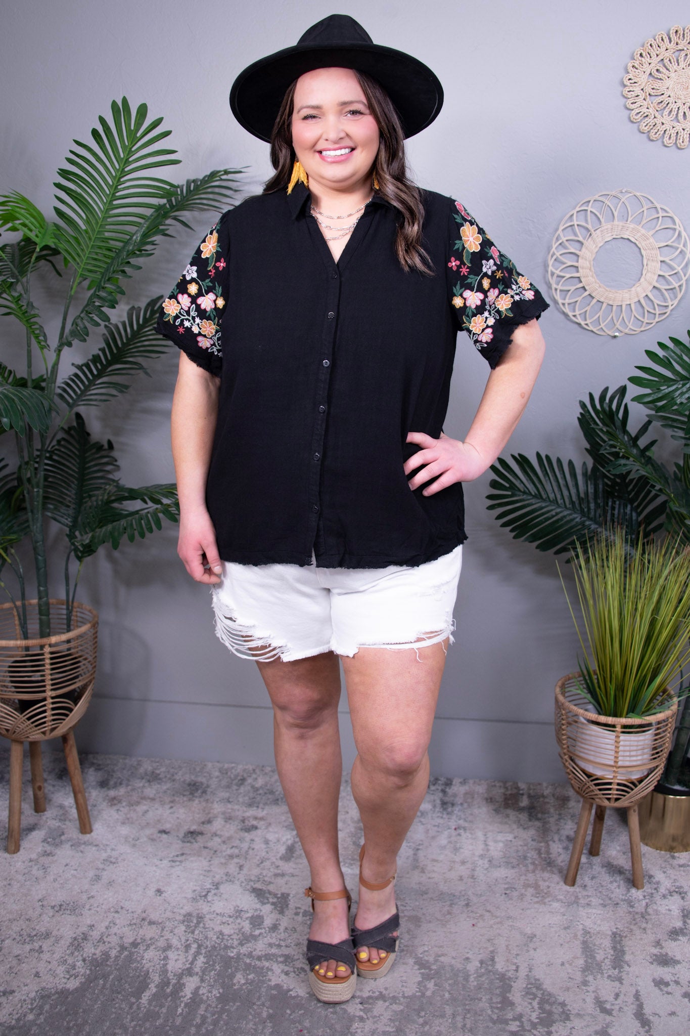 Find Your Look Black Linen Top with Embroidered Sleeves