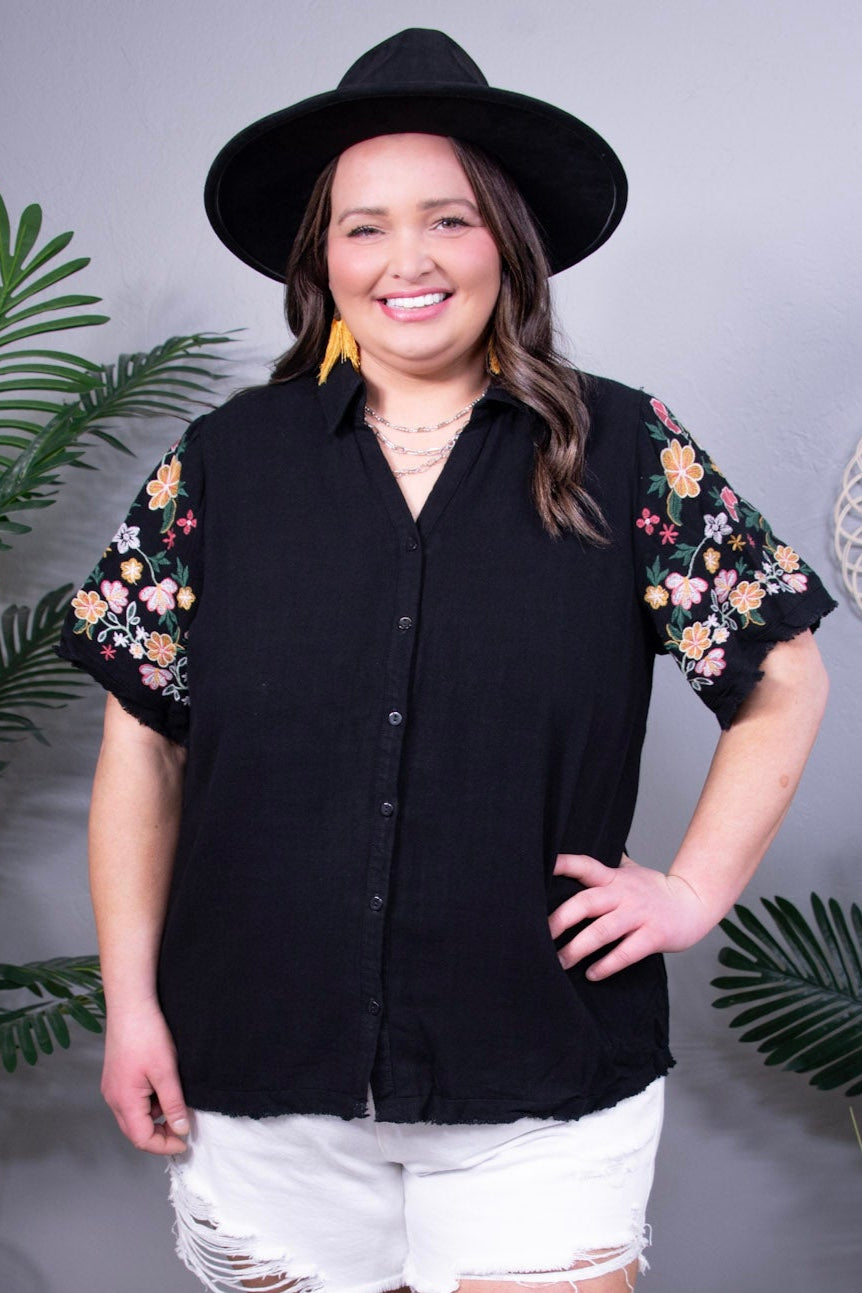 Find Your Look Black Linen Top with Embroidered Sleeves