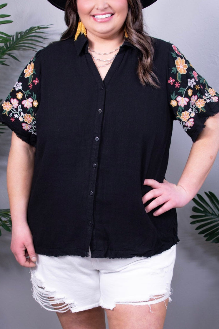 Find Your Look Black Linen Top with Embroidered Sleeves