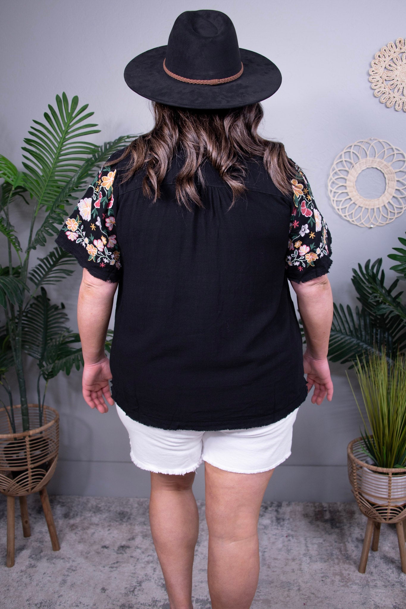 Find Your Look Black Linen Top with Embroidered Sleeves