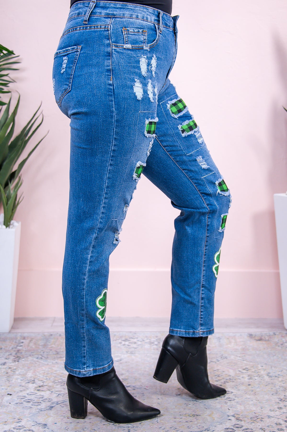 Ireland Medium Denim/Green/Black Checkered/Clover Jeans - K1098DN