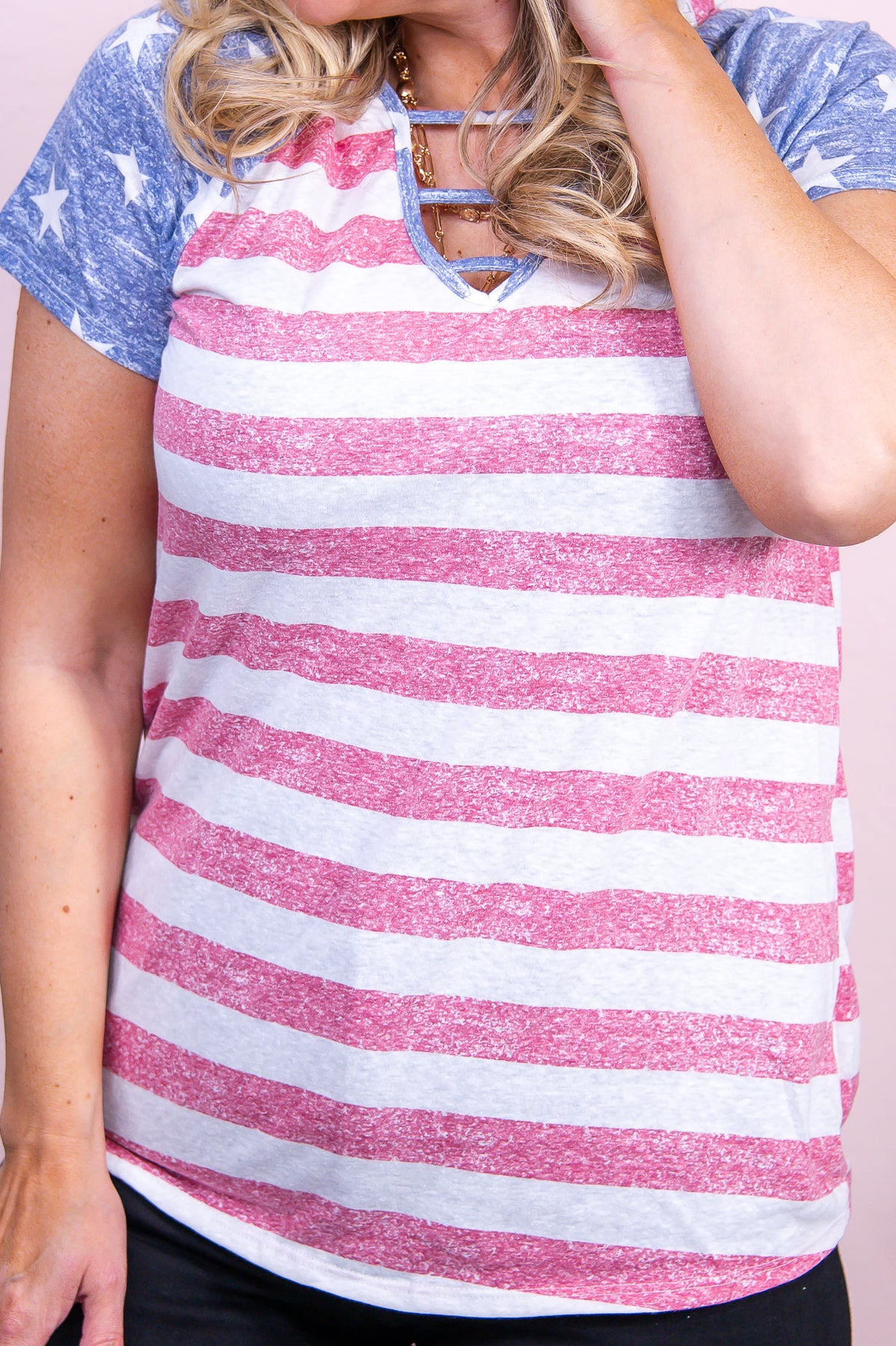 Stars & Stripes Forever Heather Red/Multi Color American Flag Top - T9726HRD