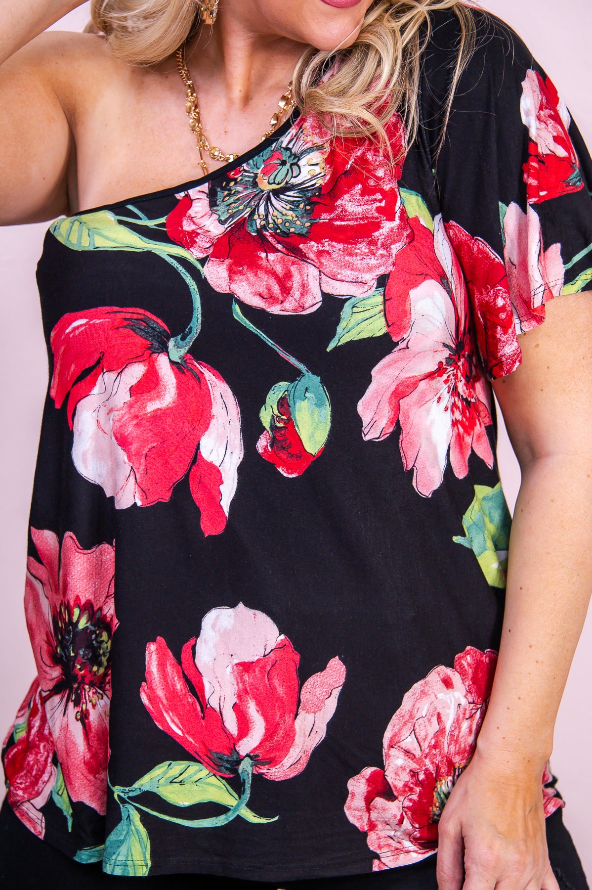 Simply Charmed Black/Multi Color Floral Open Shoulder Top - T9728BK