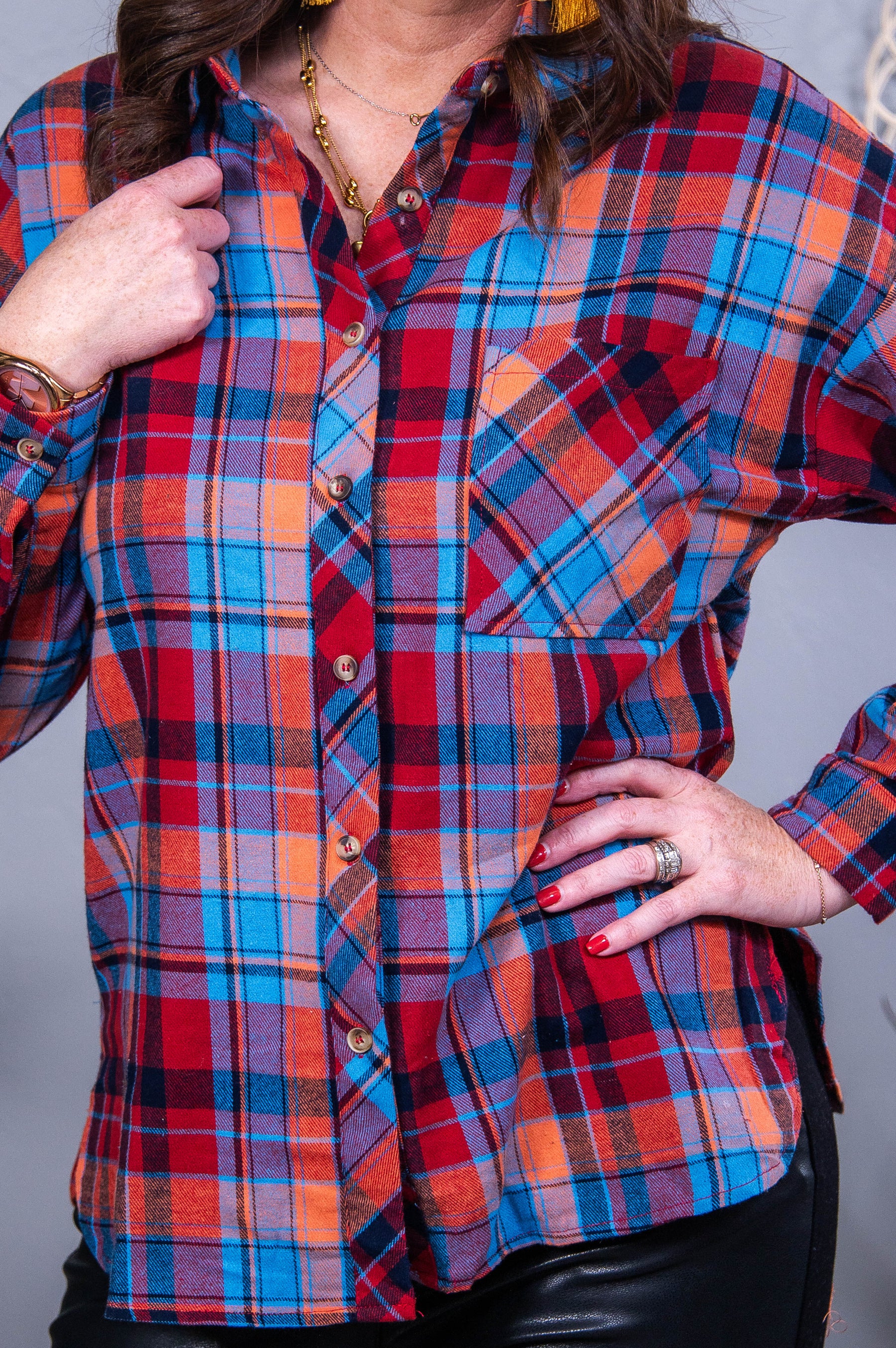 Take Me Anywhere Red/Orange/Blue Plaid Top - T10520RD