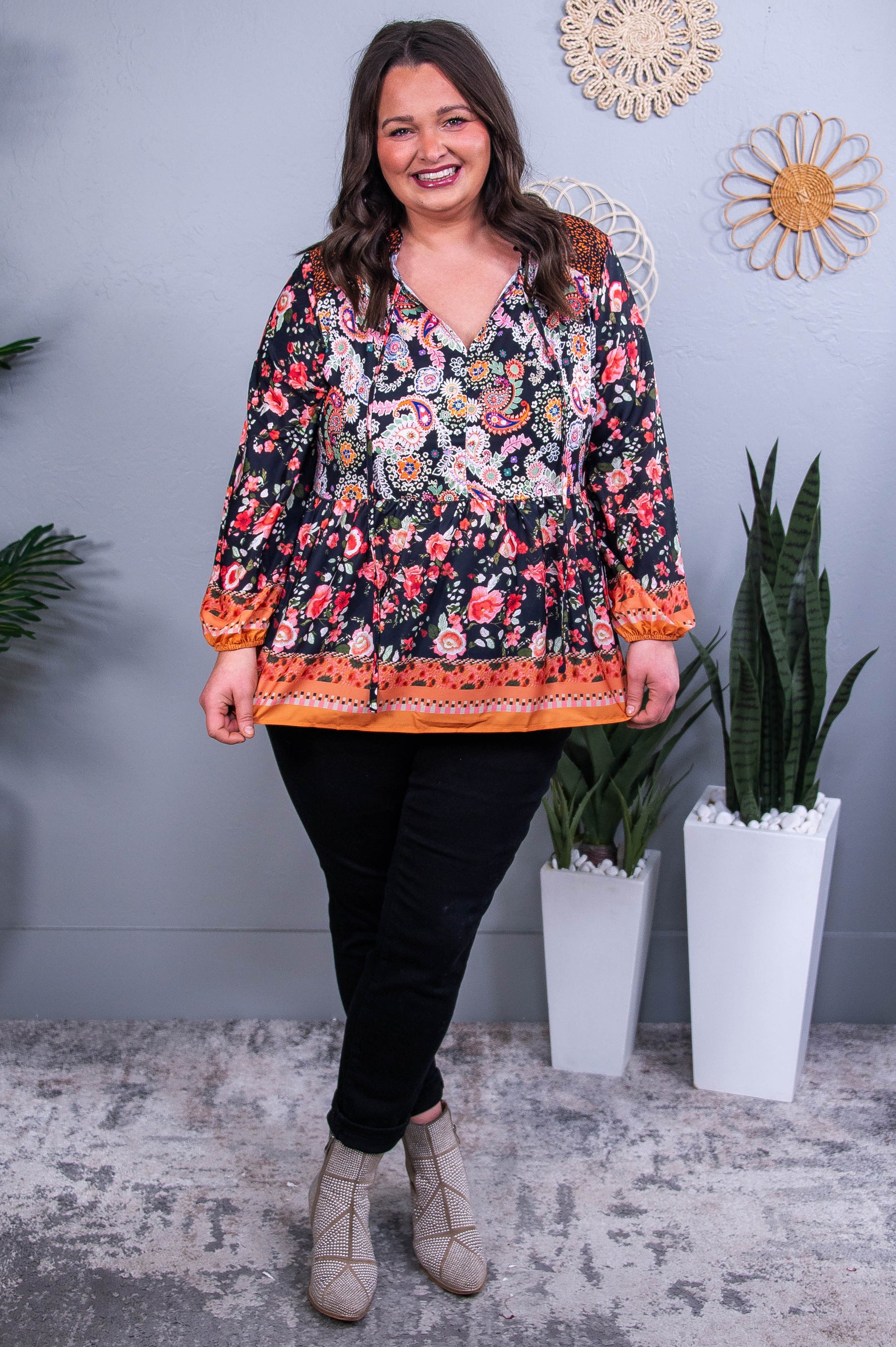 Forget Me Not Black/Multi Color Paisley/Floral Top - T10521BK
