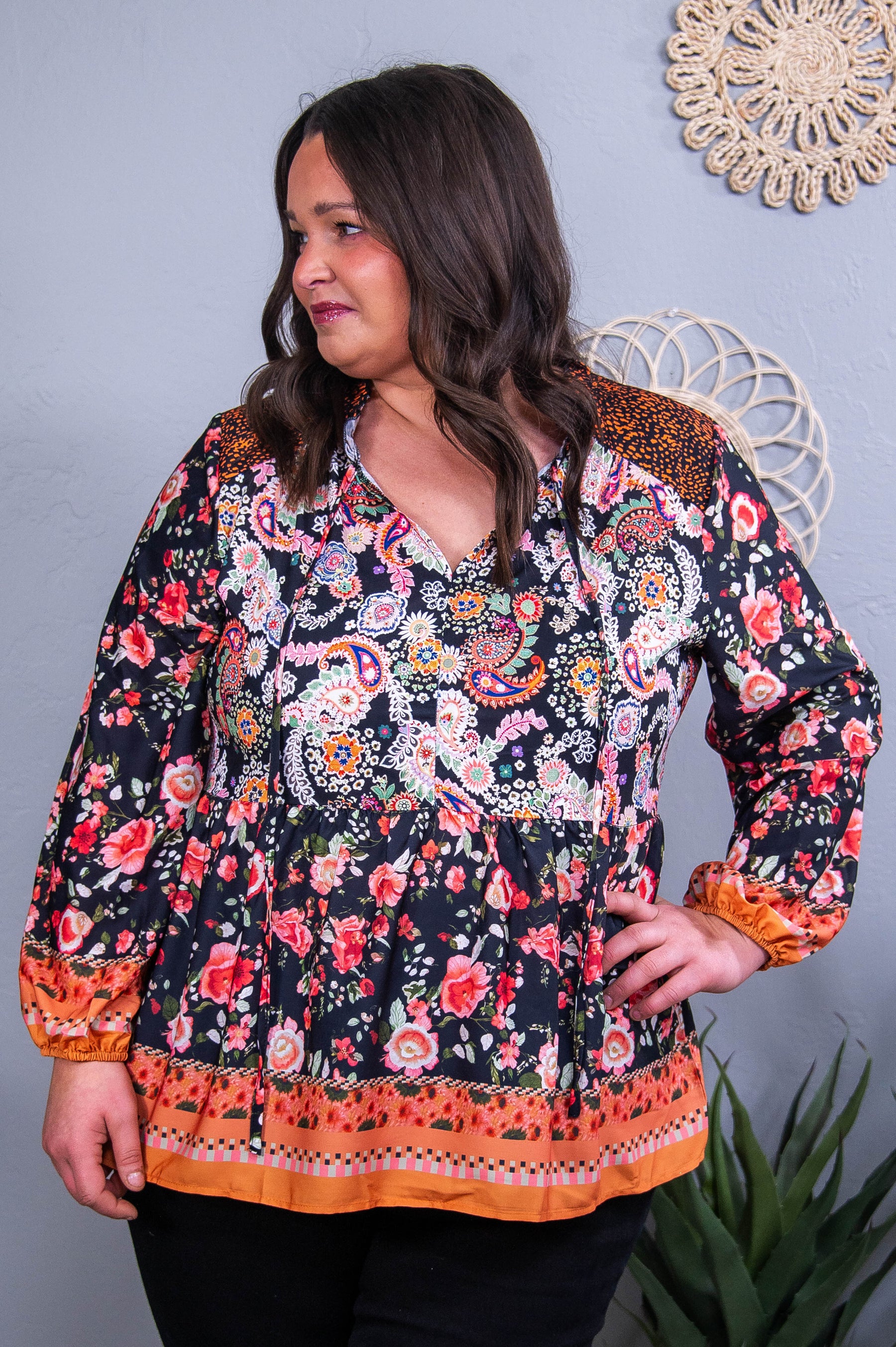 Forget Me Not Black/Multi Color Paisley/Floral Top - T10521BK