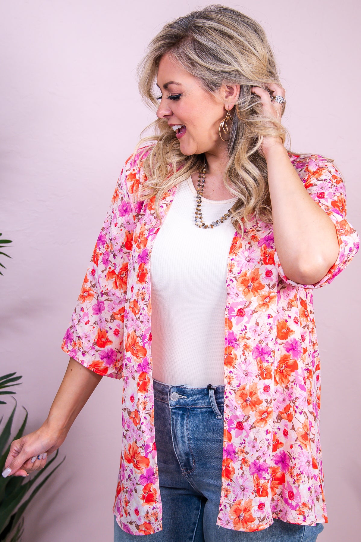 All A Fantasy Pink/Multi Color Floral Kimono - O5473PK