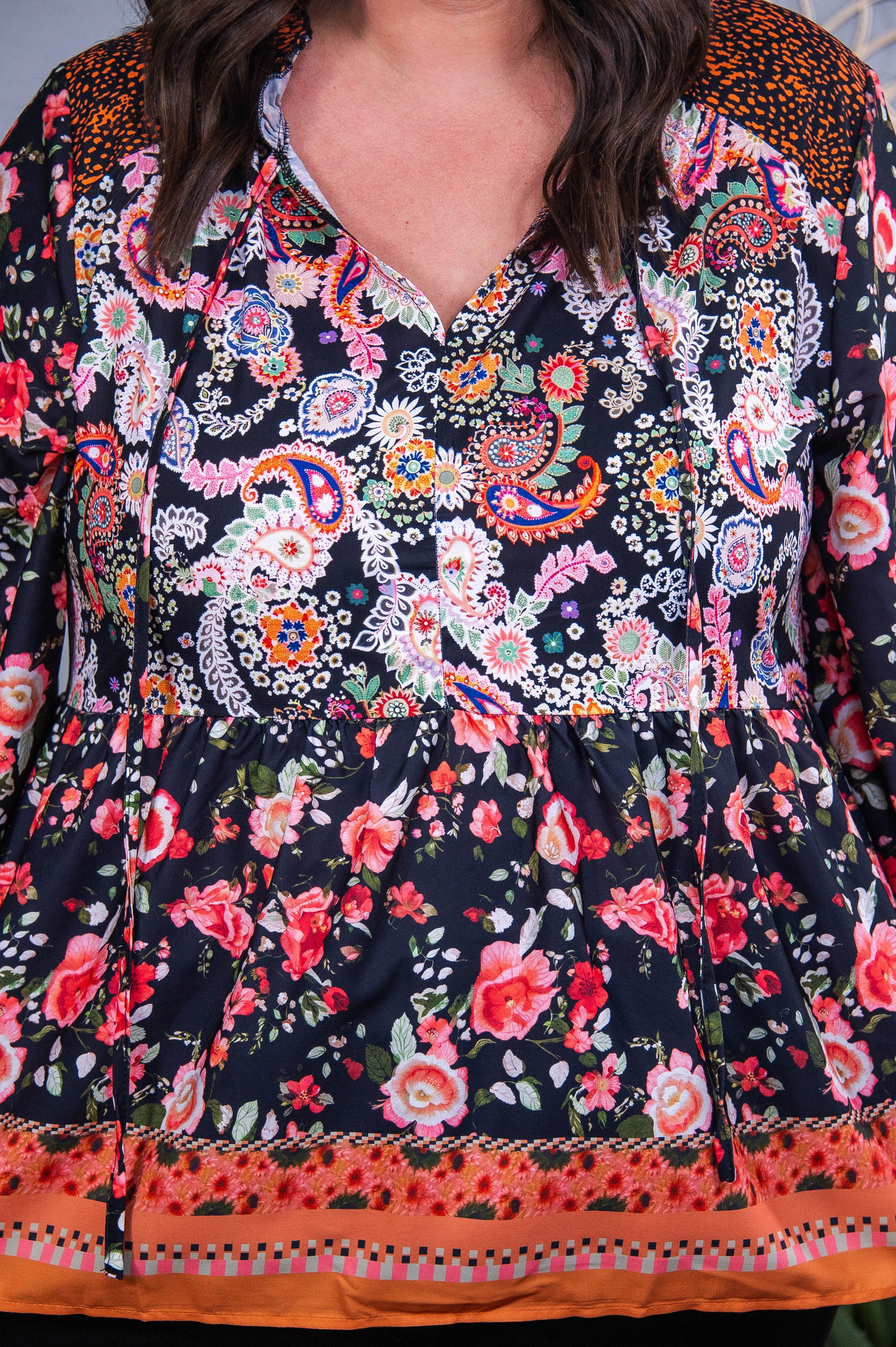 Forget Me Not Black/Multi Color Paisley/Floral Top - T10521BK