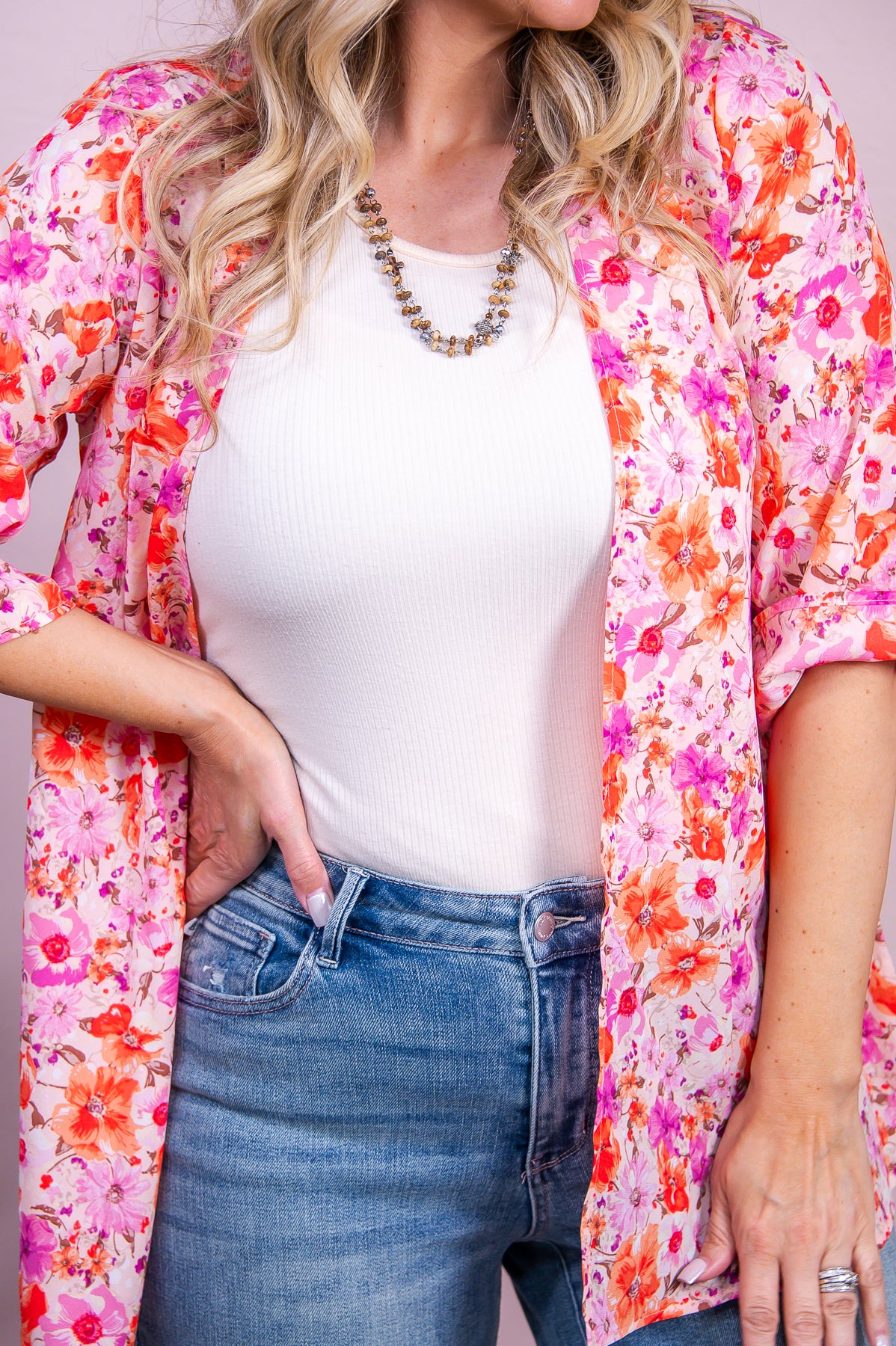 All A Fantasy Pink/Multi Color Floral Kimono - O5473PK