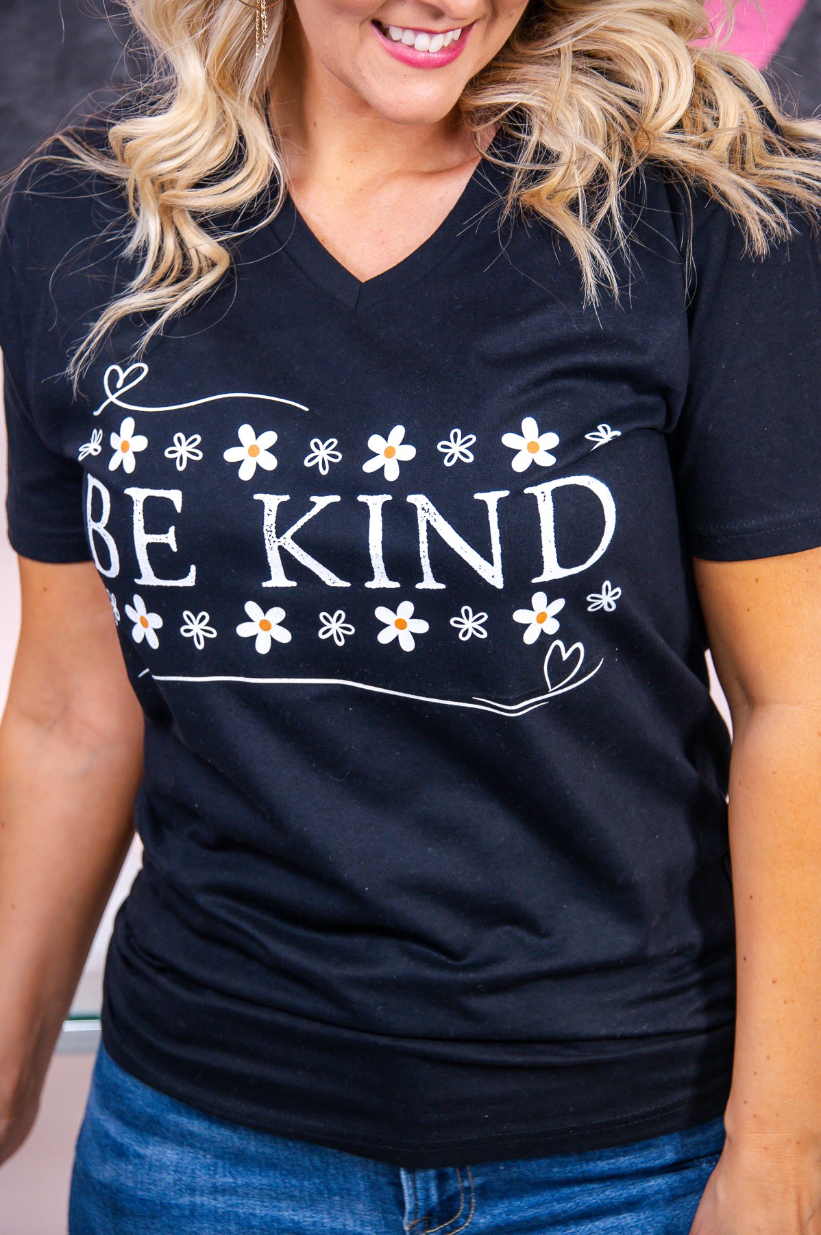 Be Kind Black V Neck Graphic Tee - A2874BK