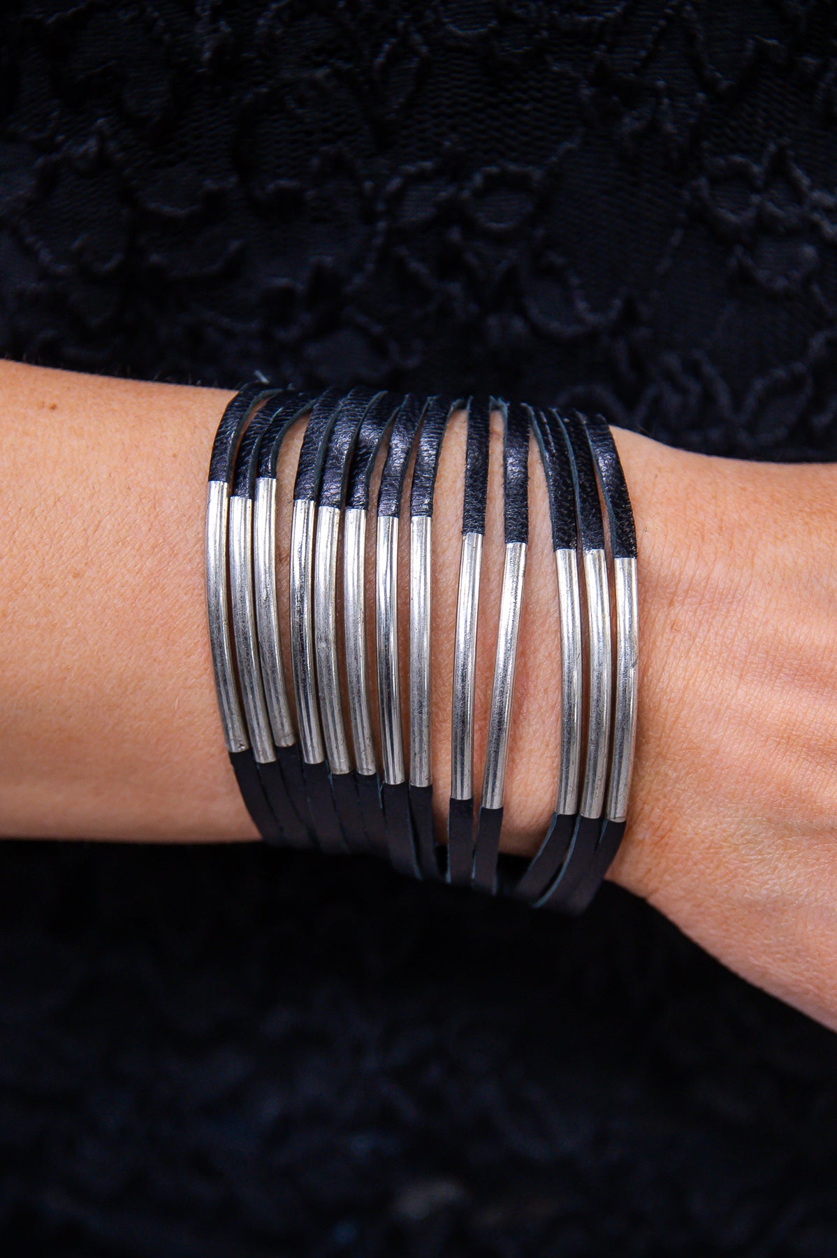 Black/Silver Faux Leather Multi-Row Cuff Bracelet - BRC3374BK