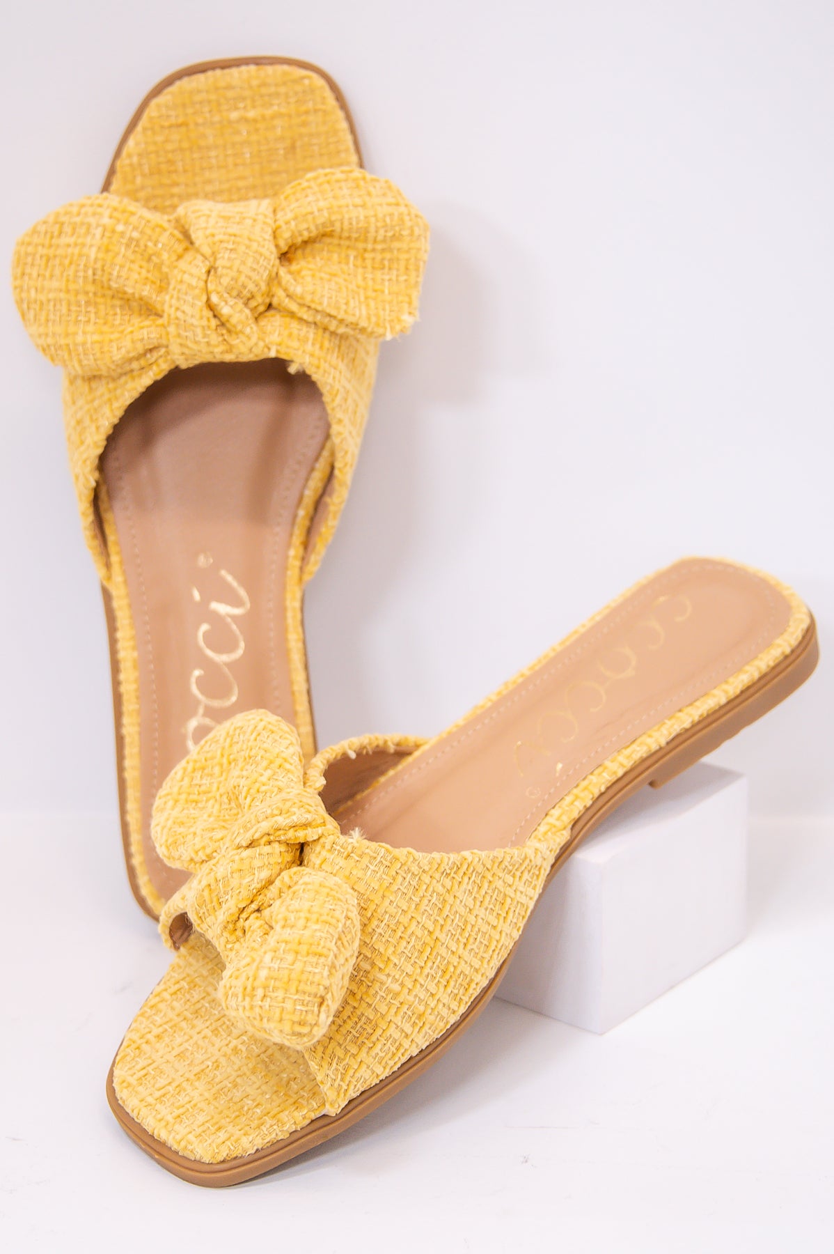 Bow & Behold Yellow Wooven Bow Slip On Sandals - SHO2676YE