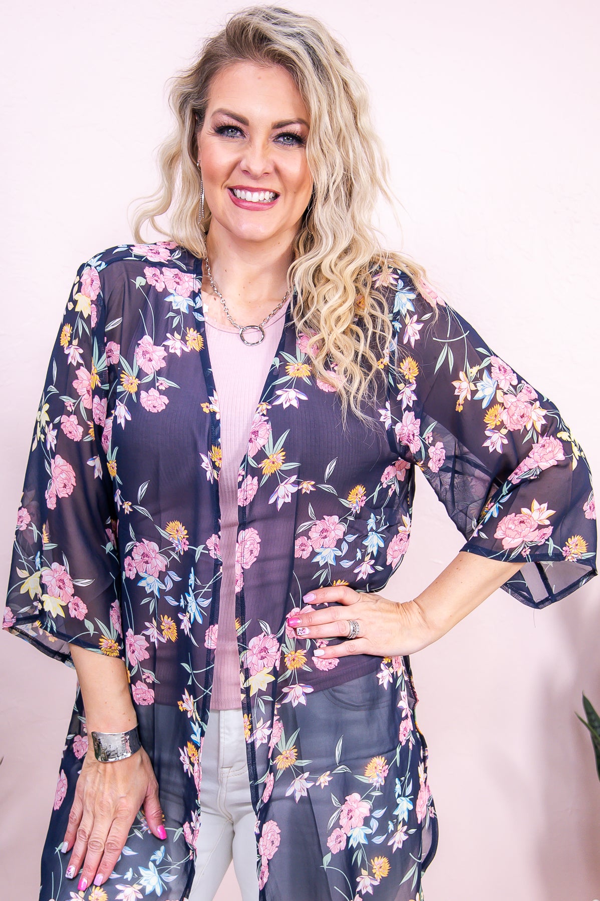 It's Your Time To Bloom Navy/Multi Color Sheer Floral Kimono - O5347NV