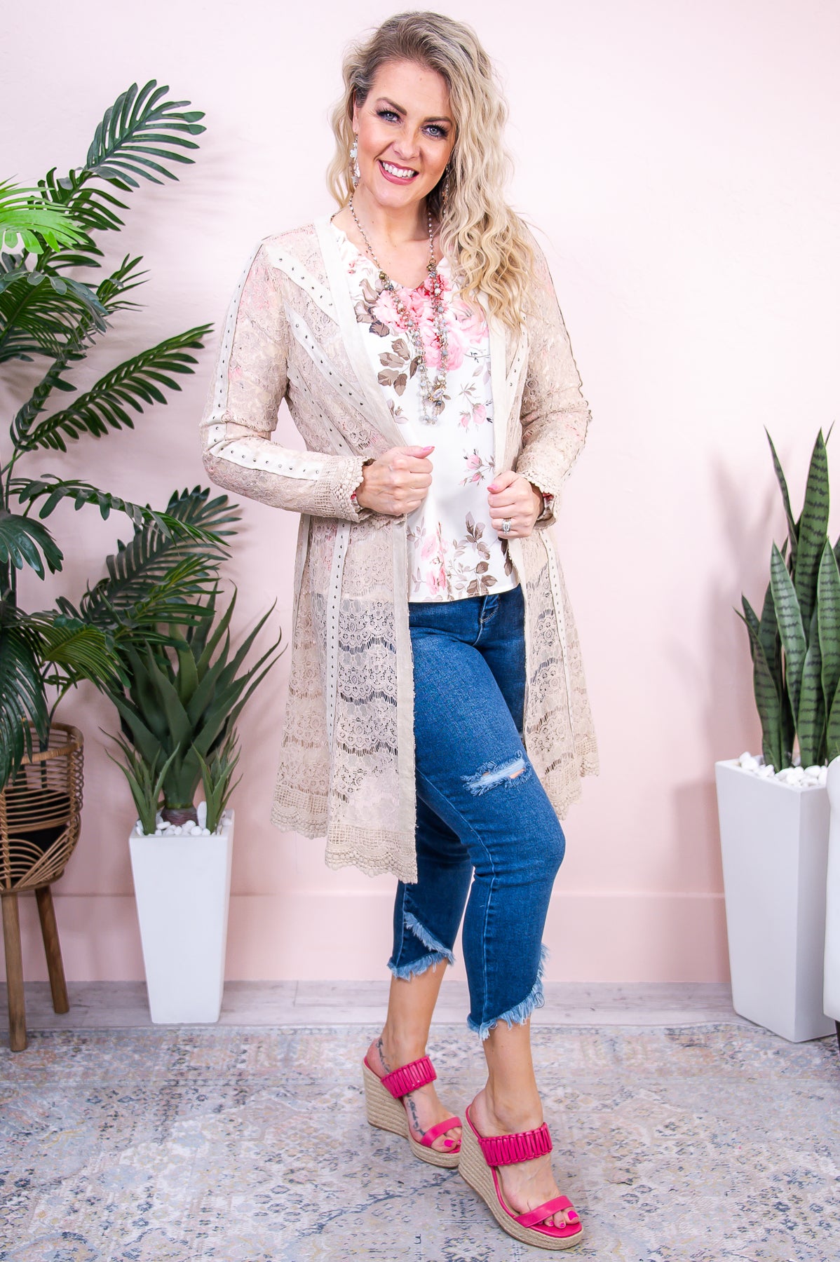 Baddie Approved Natural Solid Studded Floral Lace Kimono - O5350NA