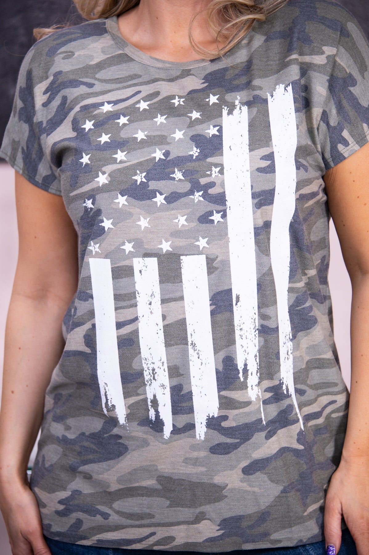 One Nation Olive/Multi Color Camouflage/American Flag Top - T6608OL