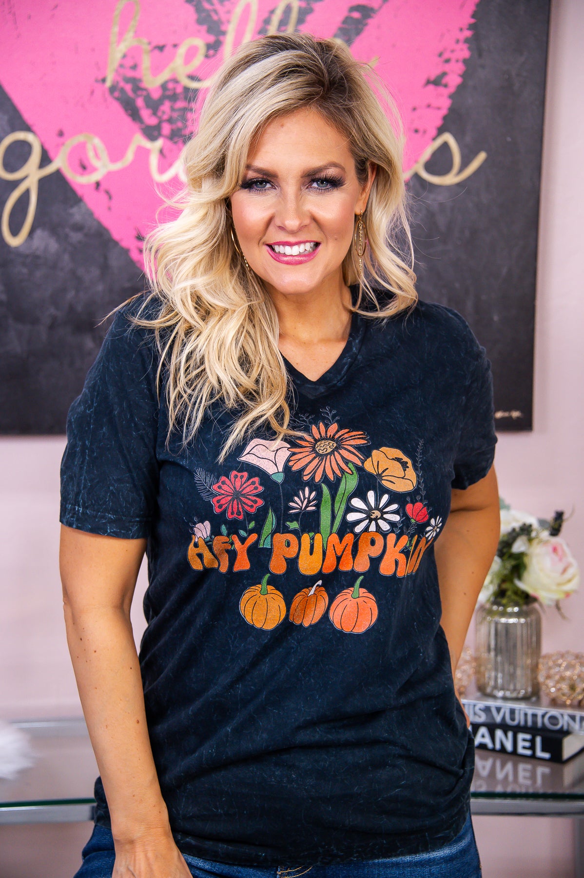 Hey Pumpkin Black Mineral Wash V Neck Graphic Tee - A2908BMS Small