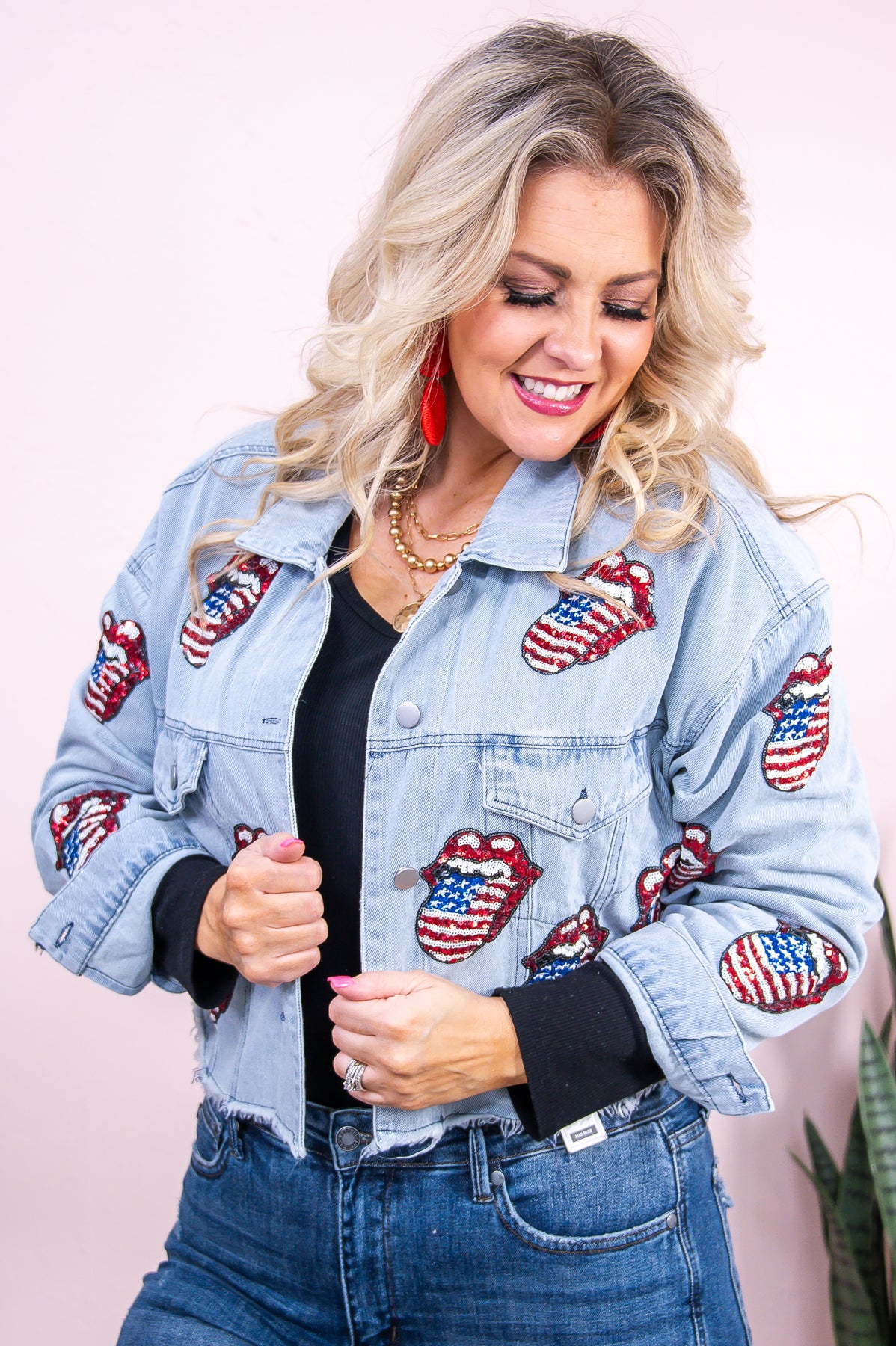 All American Diva Light Denim/Multi Color Sequin Mouth/Tongue Cropped Jacket - O5356LDN