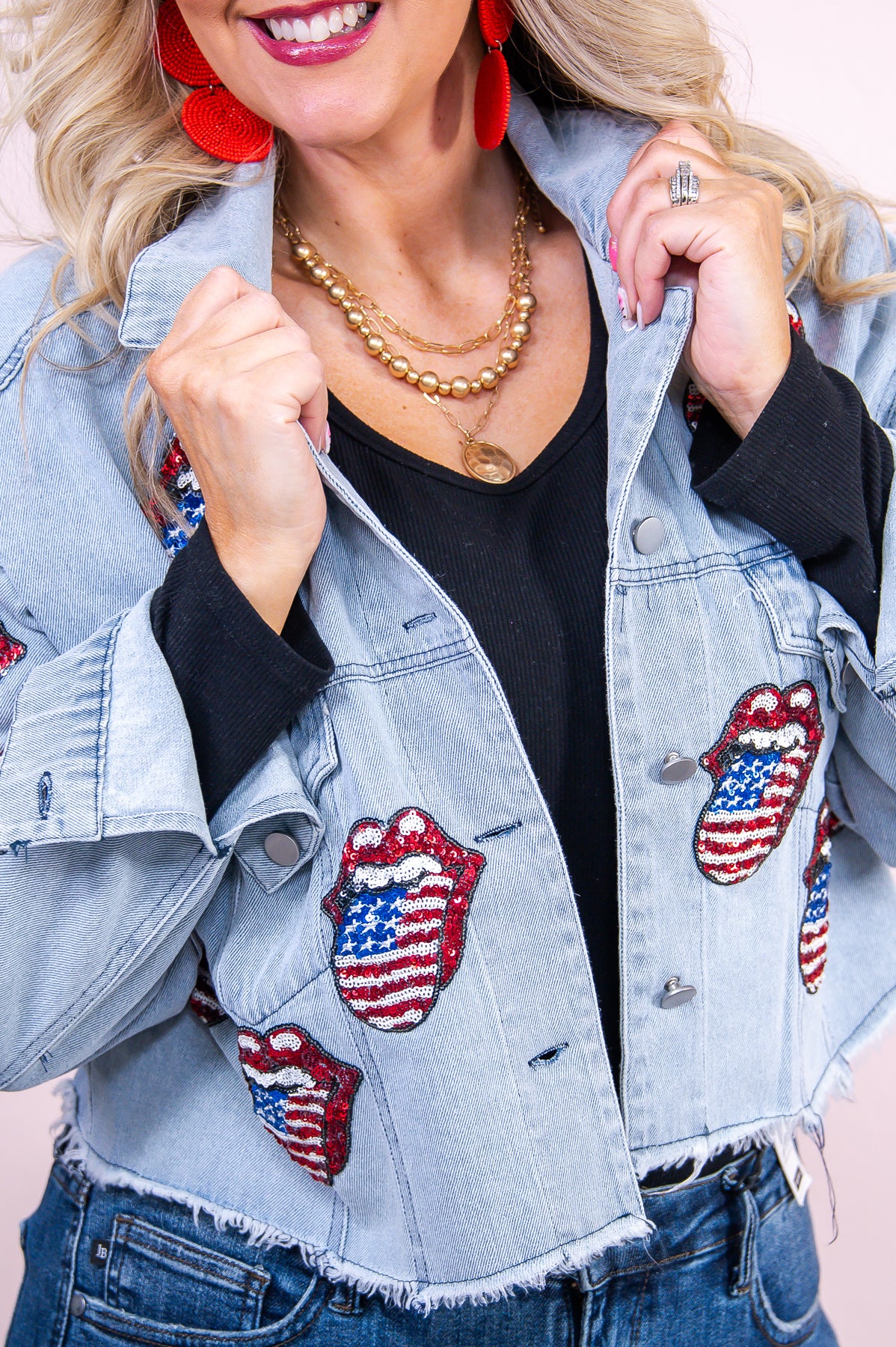 All American Diva Light Denim/Multi Color Sequin Mouth/Tongue Cropped Jacket - O5356LDN