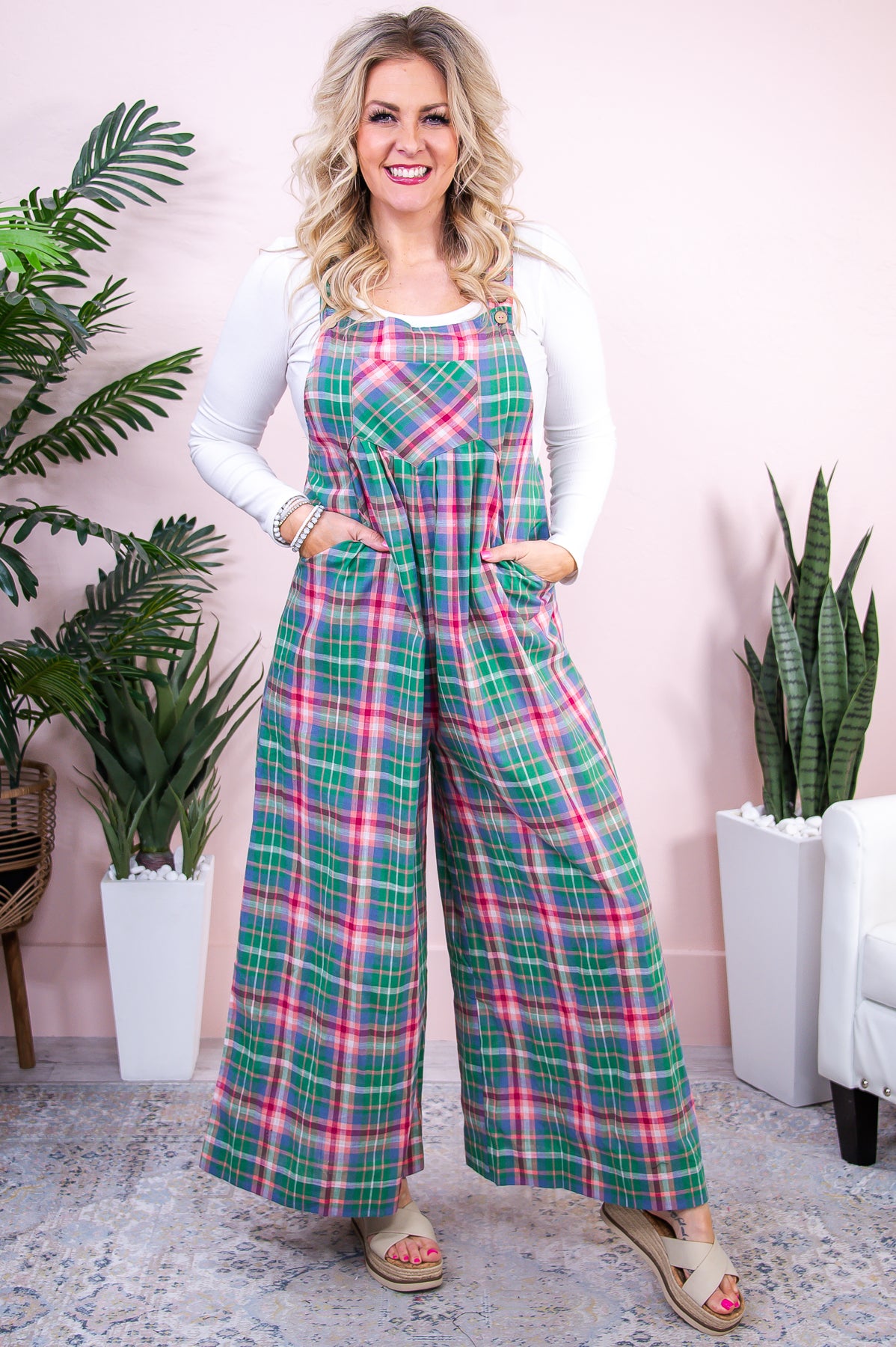 Bunny Kisses & Easter Wishes Jade/Multi Color Plaid Overalls - RMP768JD