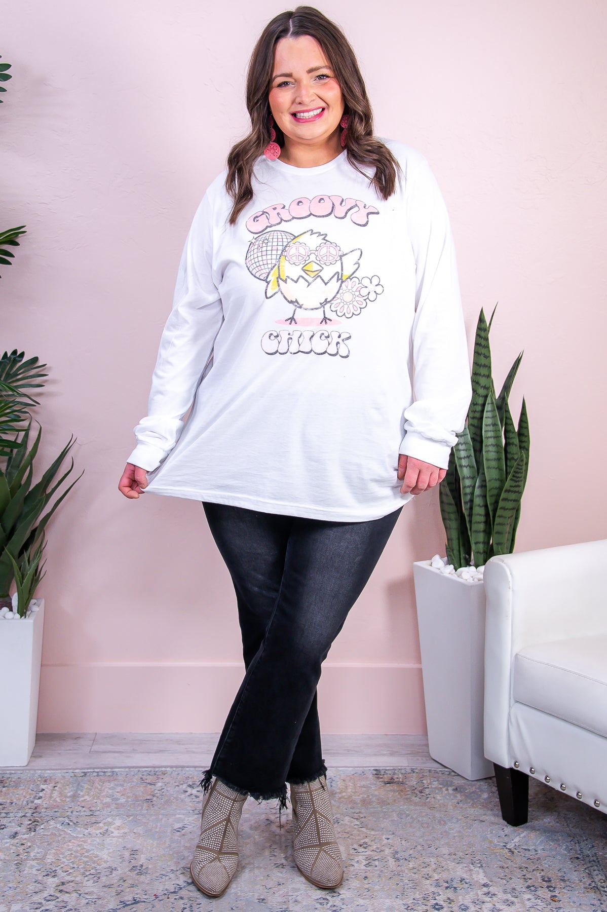 Groovy Chic White Long Sleeve Graphic Tee - A3239WH